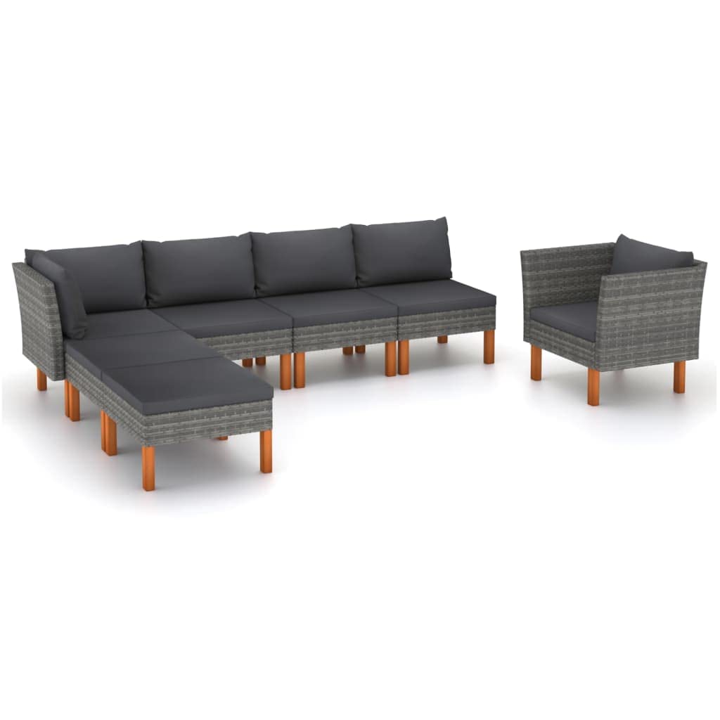 7-Piece Patio Lounge Set with Cushioned Seating - Gray Poly Rattan & Eucalyptus Wood Outdoor Furniture for Porch, Garden, Backyard - Perfect for Relaxing and Entertaining Guests