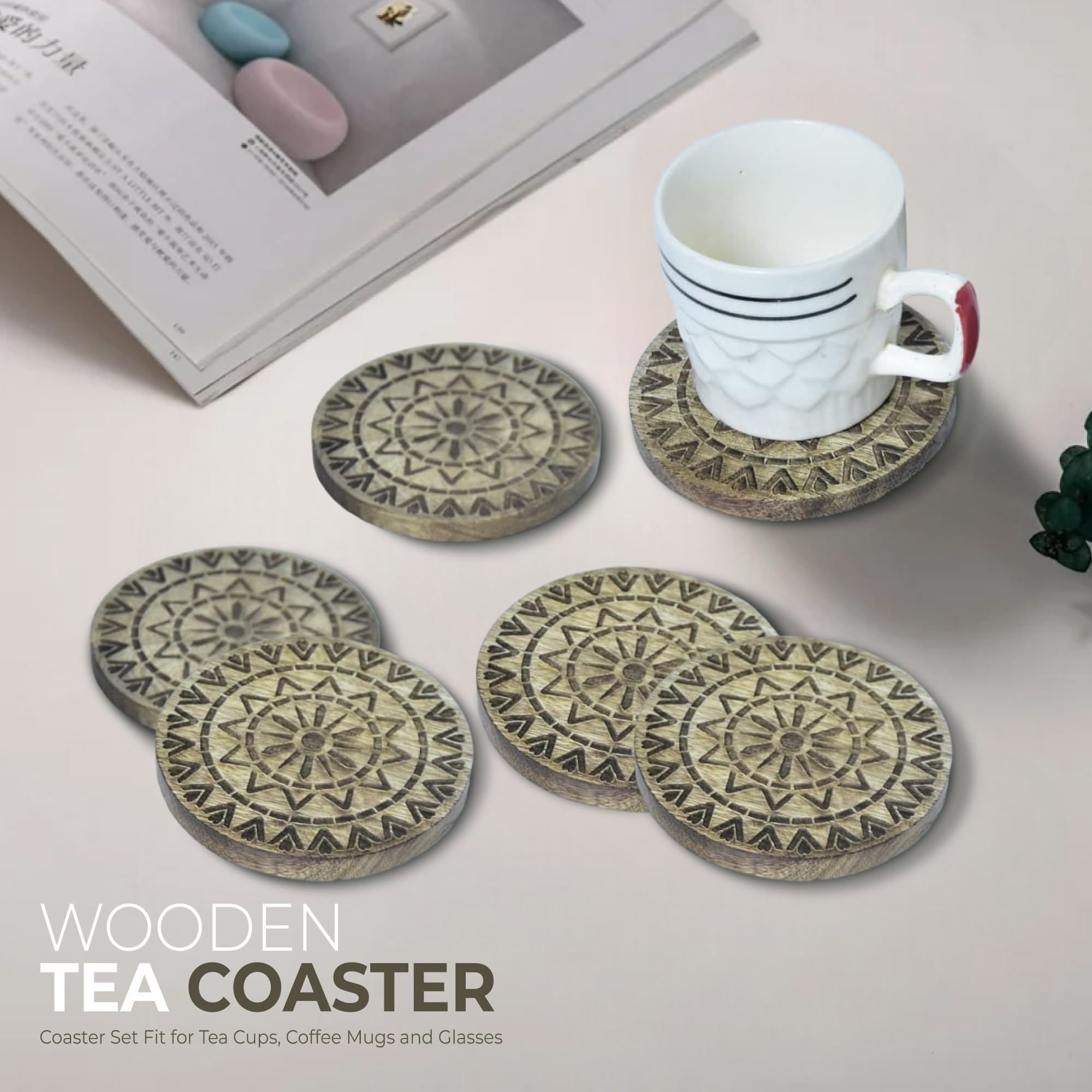 SHAIZHOME Set of 6 Natural Wooden Drink Coasters - 3.5 Inch Round Absorbent Coasters for Tea, Coffee & Wine - Rustic Home Decor for Dining Table, Kitchen & Office - Perfect Gift for Tea Lovers