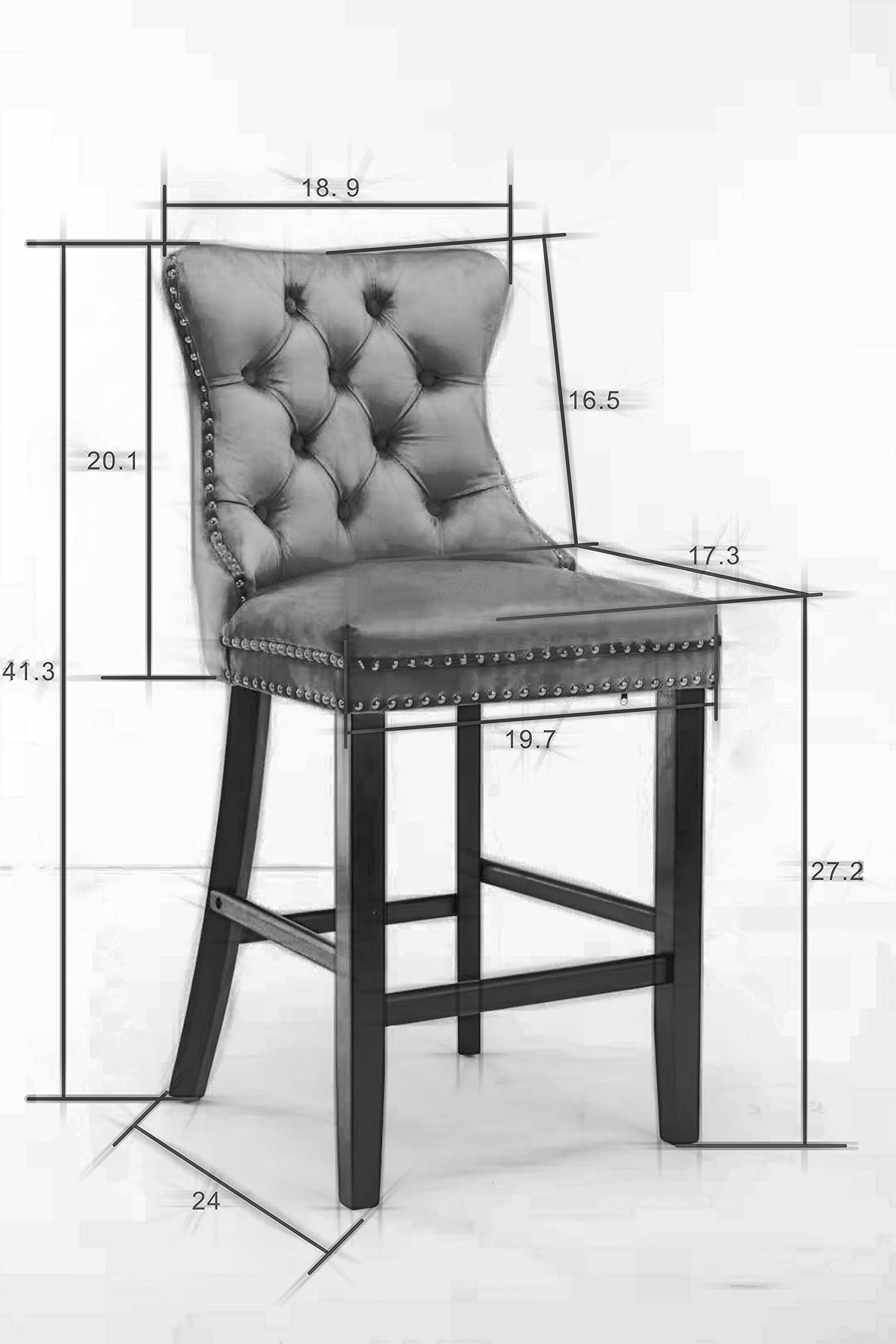 Luxury Velvet Fabric Dining Bar Chairs - Tufted Back with Nailed Trim & Ring Pull - Armless Counter Height Chairs for Kitchen & Home - Solid Rubber Wood Legs - Set of 2 Grey Bar Stools - Perfect for Breakfast Nook, Kitchen Island & Small Space Dining