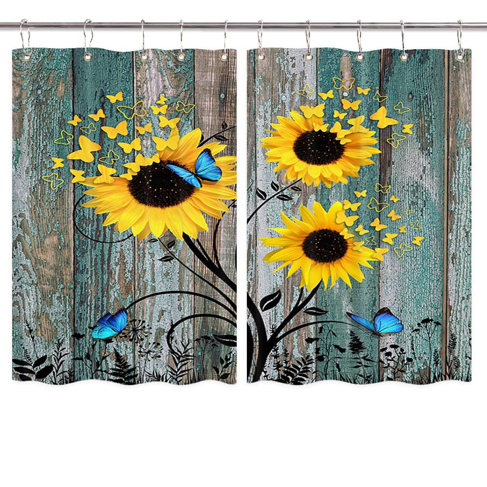 Sunflower Kitchen Curtains - Rustic Teal Wood Plank Farmhouse Valance with Yellow Floral Butterflies, 2 Panel Window Treatment with Hooks | Perfect for Country Style Kitchens, Dining Rooms & Cozy Farmhouse Decor