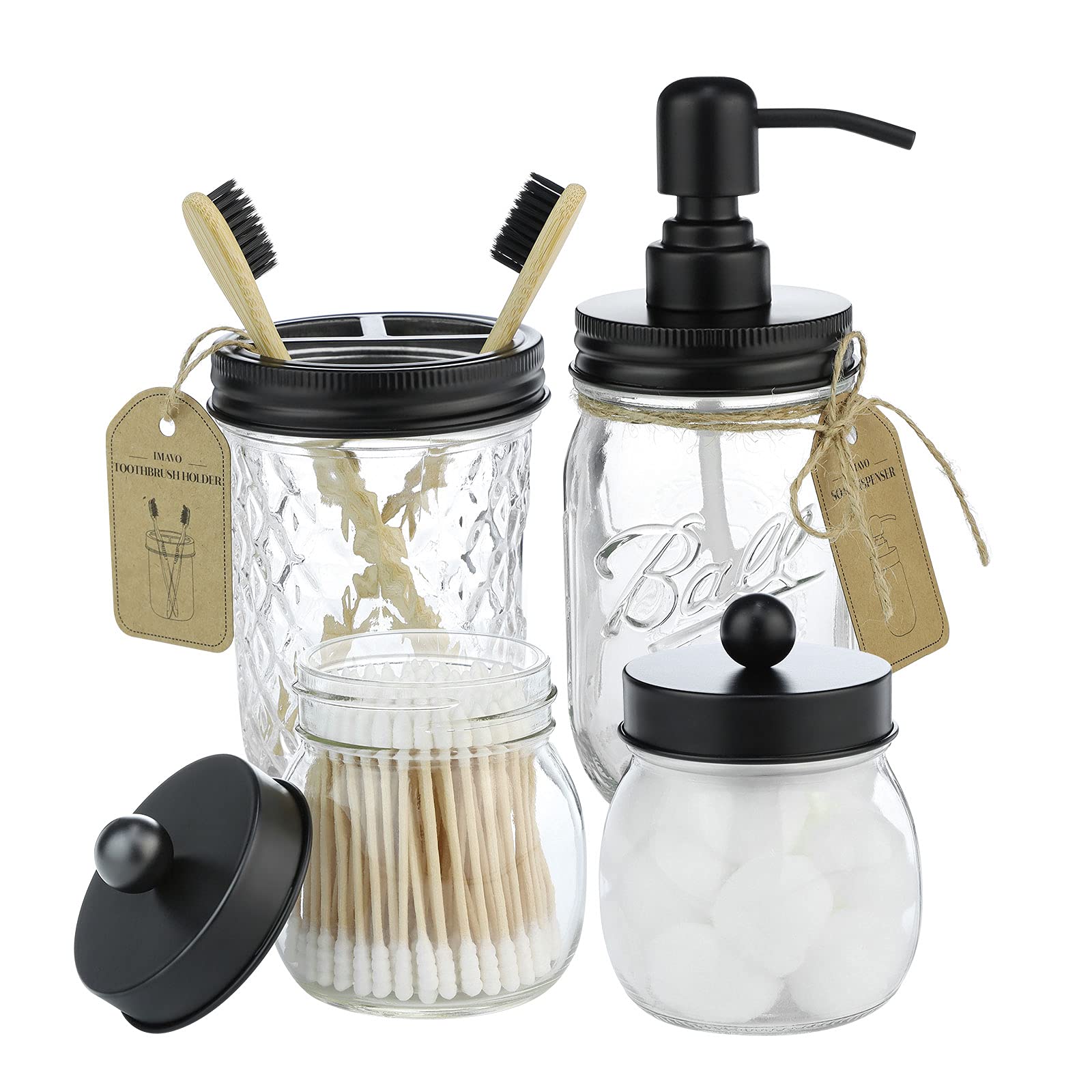 IMAVO 4-Piece Mason Jar Bathroom Accessories Set - Farmhouse Style Soap Dispenser, Toothbrush Holder & 2 Cotton Ball Jars for Rustic Decor (Black) | Perfect for Bathroom Organization, Housewarming Gifts & Vintage Home Decor