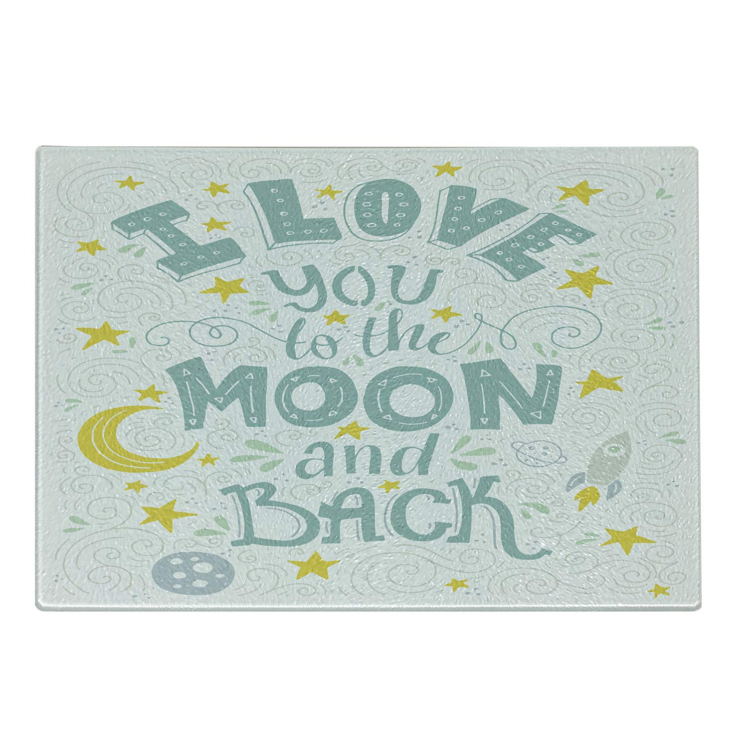 Ambesonne I Love You to the Moon and Back Tempered Glass Cutting Board - Crescent Moon, Stars, Rocket & Galaxy Design - Small Decorative Serving Board in White Pale Seafoam - Perfect for Kitchen Use, Gift Giving & Space-Themed Decor