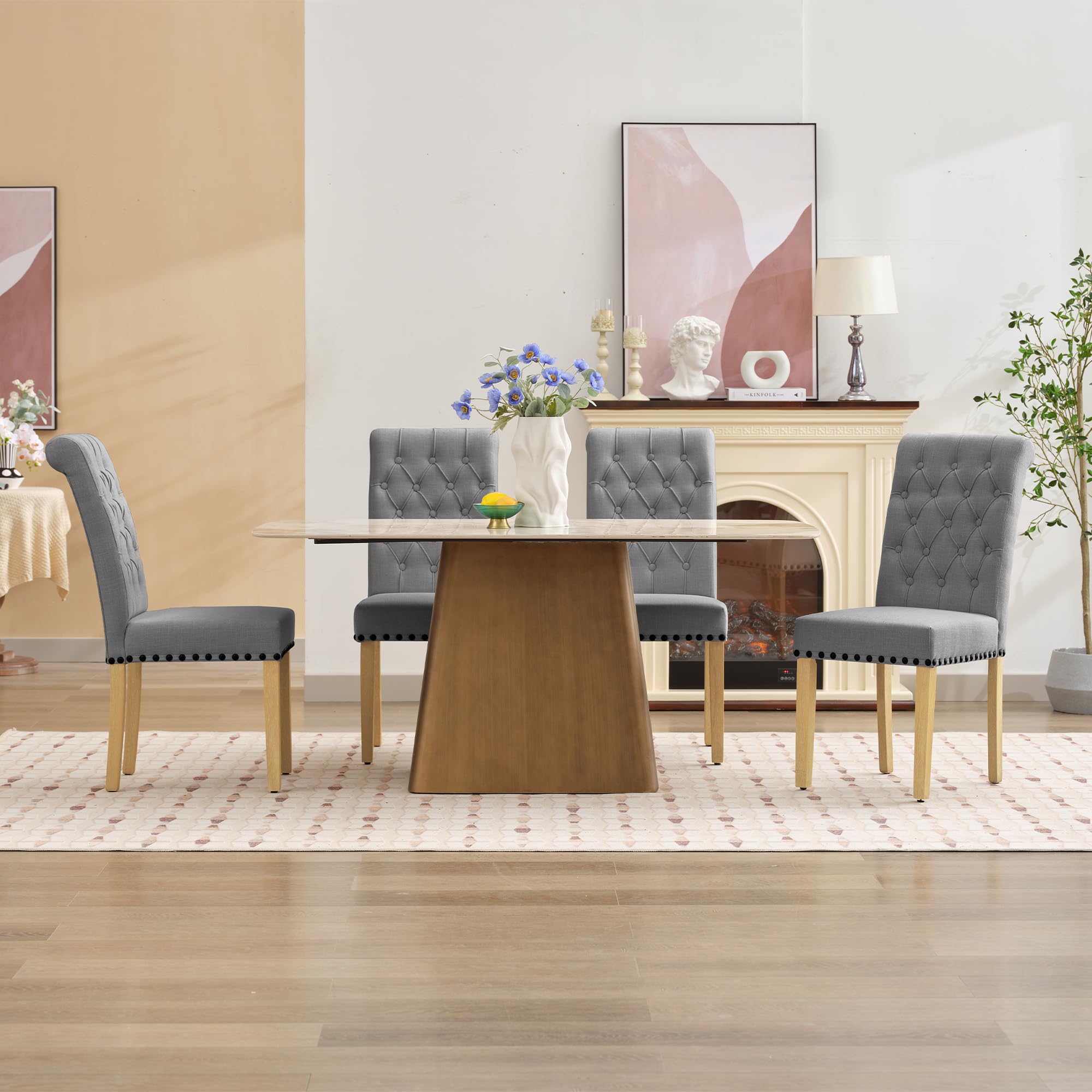 Modern Linen Fabric Dining Chairs Set of 2 - Parson Style with Nailhead Trim & Button Tufting - Solid Wood Legs Dark Grey - Perfect for Dining Room, Kitchen, Living Room & Home Office Seating