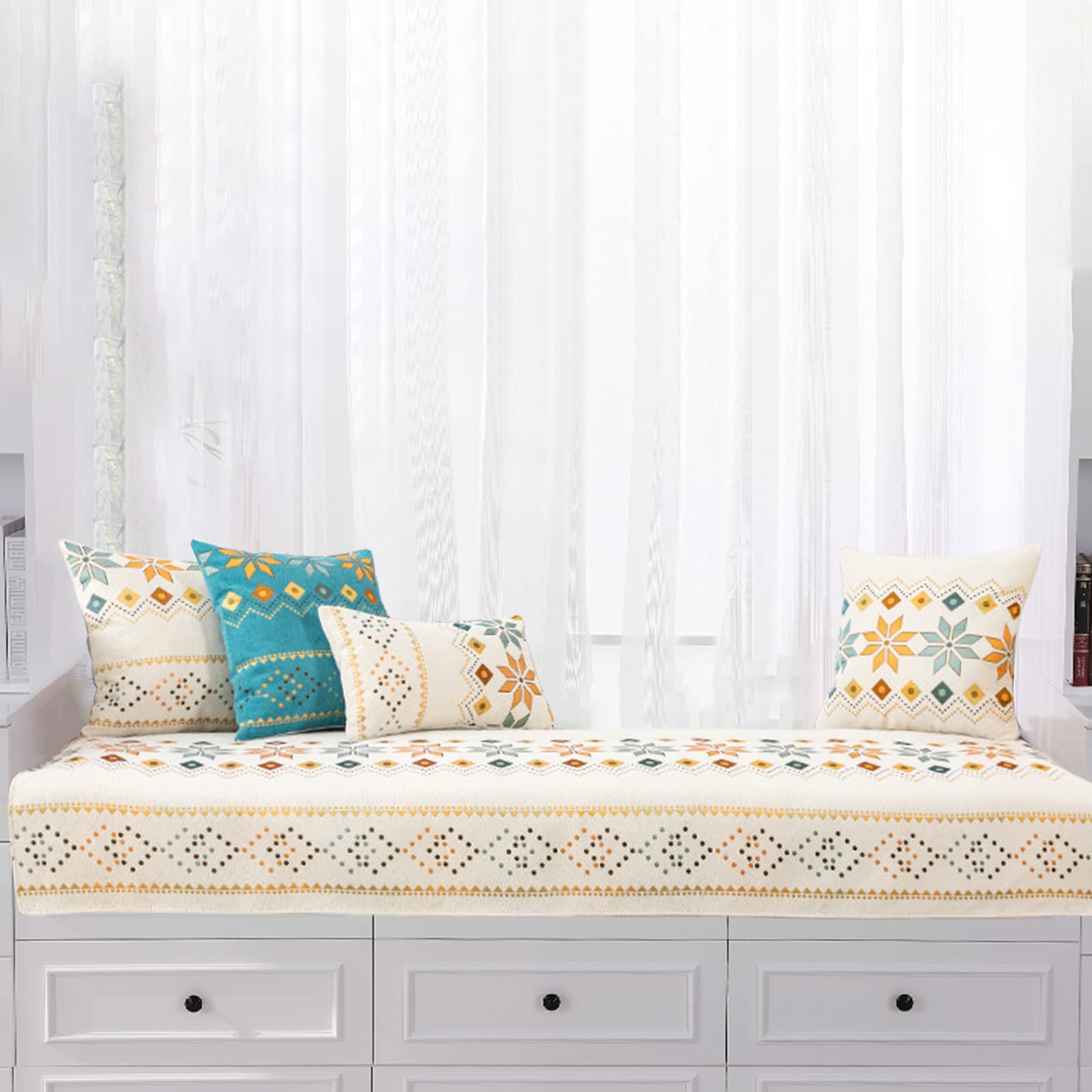 Boho Bay Window Cushion - Non-Slip Chenille Window Seat Pad for Indoor Sofa, Bench & Windowsill - Bohemian Home Decor for Living Room, Bedroom & Bay Window Nook (Perfect for Reading Nooks & Cozy Window Seats)