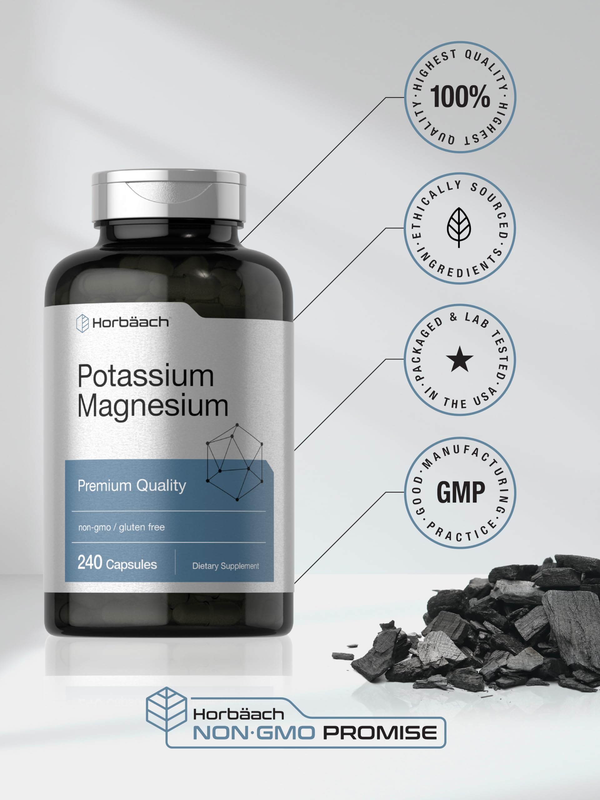 Horbäach Potassium Magnesium Supplement 240 Capsules - Premium Quality Non-GMO Gluten Free Support for Muscle Recovery & Heart Health | Daily Wellness & Active Lifestyle