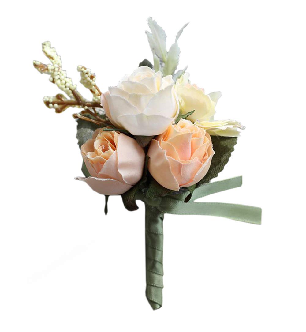Artificial Rose Boutonniere & Corsage Set - Champagne Wedding Groom Boutonniere, Prom Party Suit Pin, Bridal Bouquet Brooch - Elegant Floral Accessory for Weddings, Proms, and Formal Events (Pack of 1)