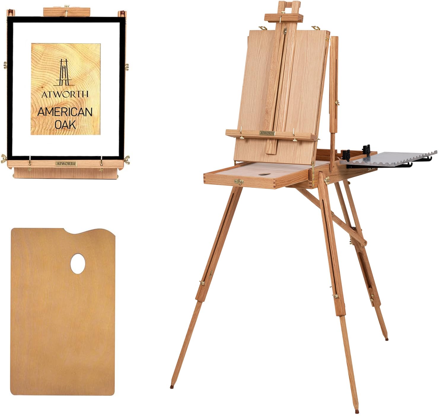 Deluxe Oak Wood French Easel for Painting - Portable Studio & Field Sketchbox Easel Stand with Metal Side Tray, Tabletop & Tripod Floor Use, Holds 34