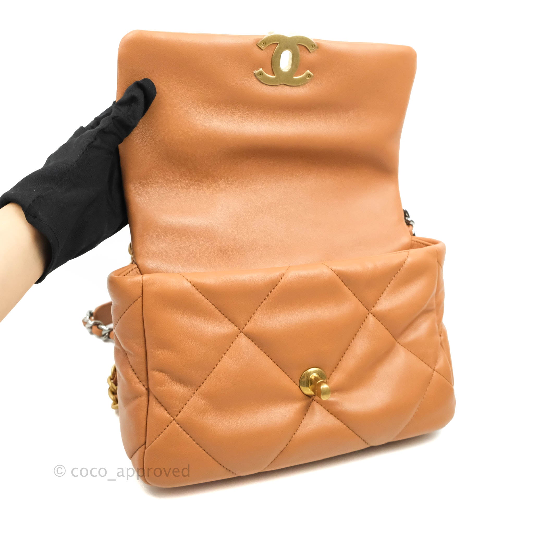 Authentic Chanel 19 Small Handbag in Caramel Dark Beige Lambskin with Mixed Hardware - 21K Collection | Luxury Crossbody Bag for Women, Perfect for Date Night & Special Occasions
