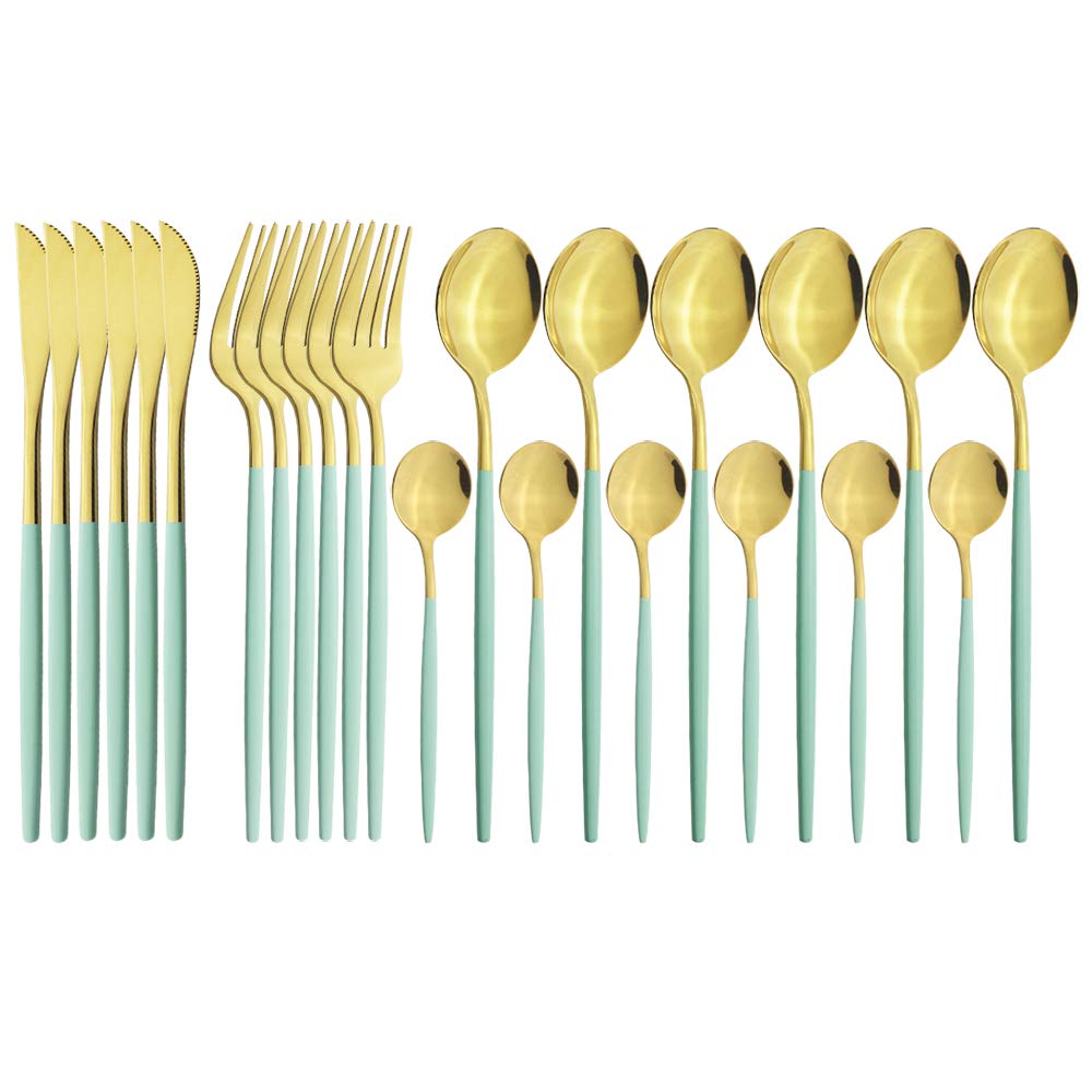 24-Piece Stainless Steel Silverware Flatware Set - Gold-Toned Dinner Knives, Forks & Coffee Spoons - Elegant Mint Green Cutlery Set for Dining & Kitchen Tableware | Perfect for Restaurants, Dinner Parties & Home Entertaining