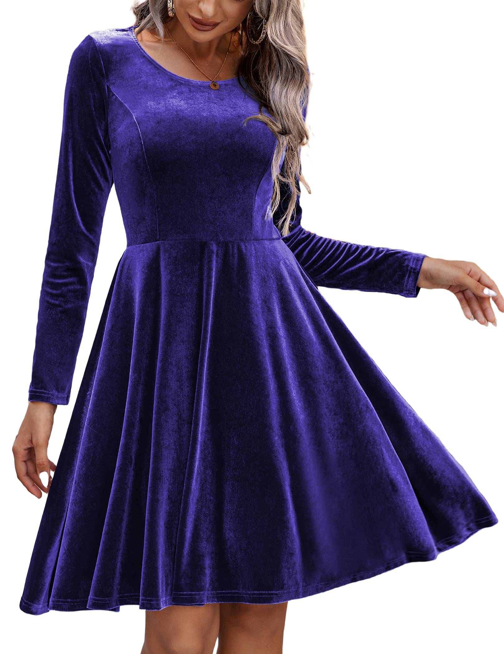 Elegant Women's Velvet Cocktail Dress Long Sleeve Flare Swing Mini Prom Dress for Wedding Guest & Holiday Party - Perfect for Christmas, New Year's Eve & Special Occasions