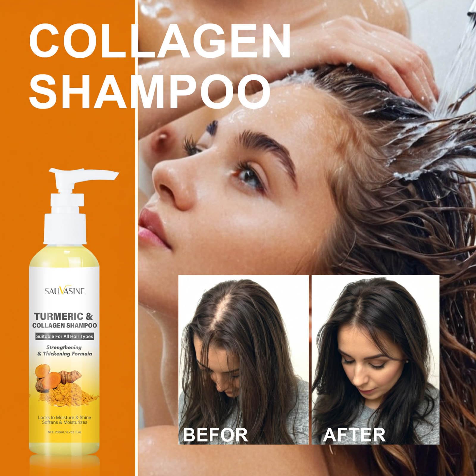 Turmeric & Collagen Shampoo for Hair Growth - Volumizing & Thickening Shampoo with Deep Cleansing Formula for Oily & Thin Hair - Natural Hair Care for Women & Men - Perfect for Daily Use & Scalp Nourishment