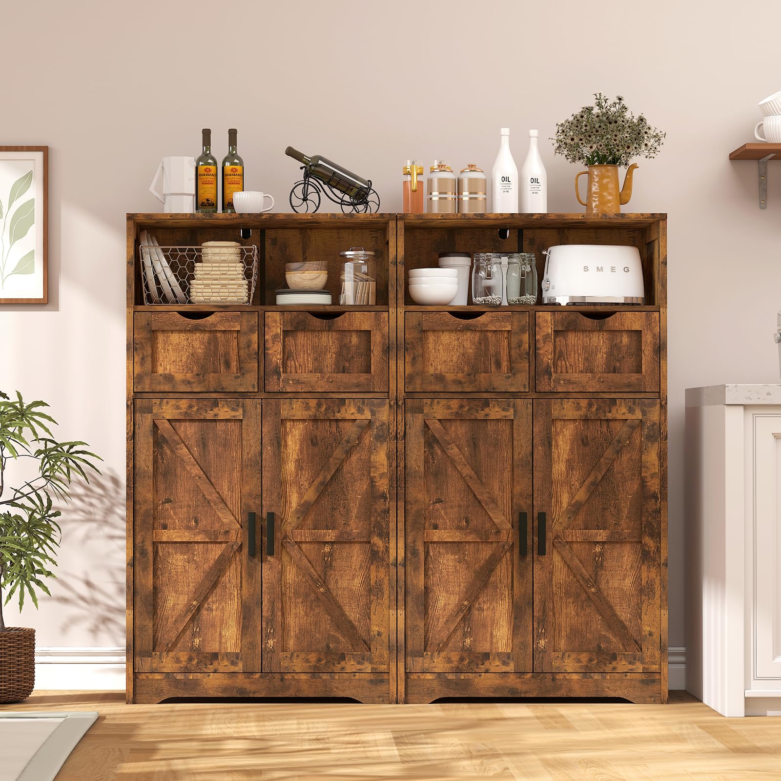 WEENFON Farmhouse Storage Cabinet - Rustic Brown Kitchen Pantry Organizer with 2 Adjustable Drawers & Shelves, Floor Hutch Cupboard for Living Room, Home Office & Kitchen Storage - Perfect for Small Space Organization & Farmhouse Decor