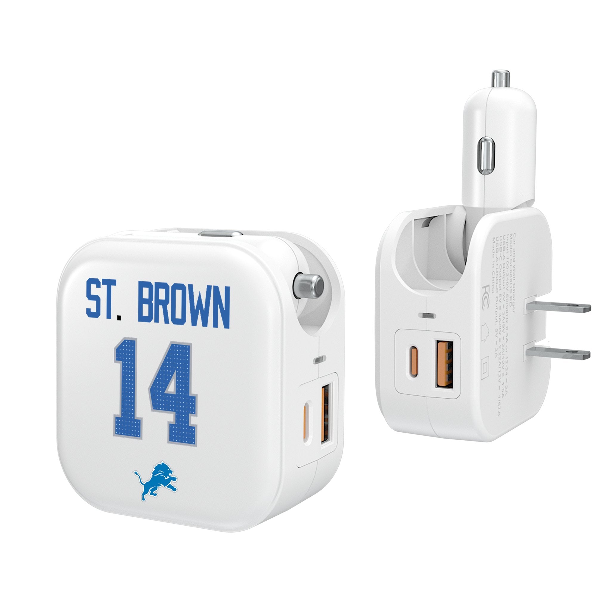 Amon Ra St. Brown Detroit Lions 14 Ready 2-in-1 USB Charger - Fast Charging Cable for iPhone & Android - Perfect for Home, Office & Travel