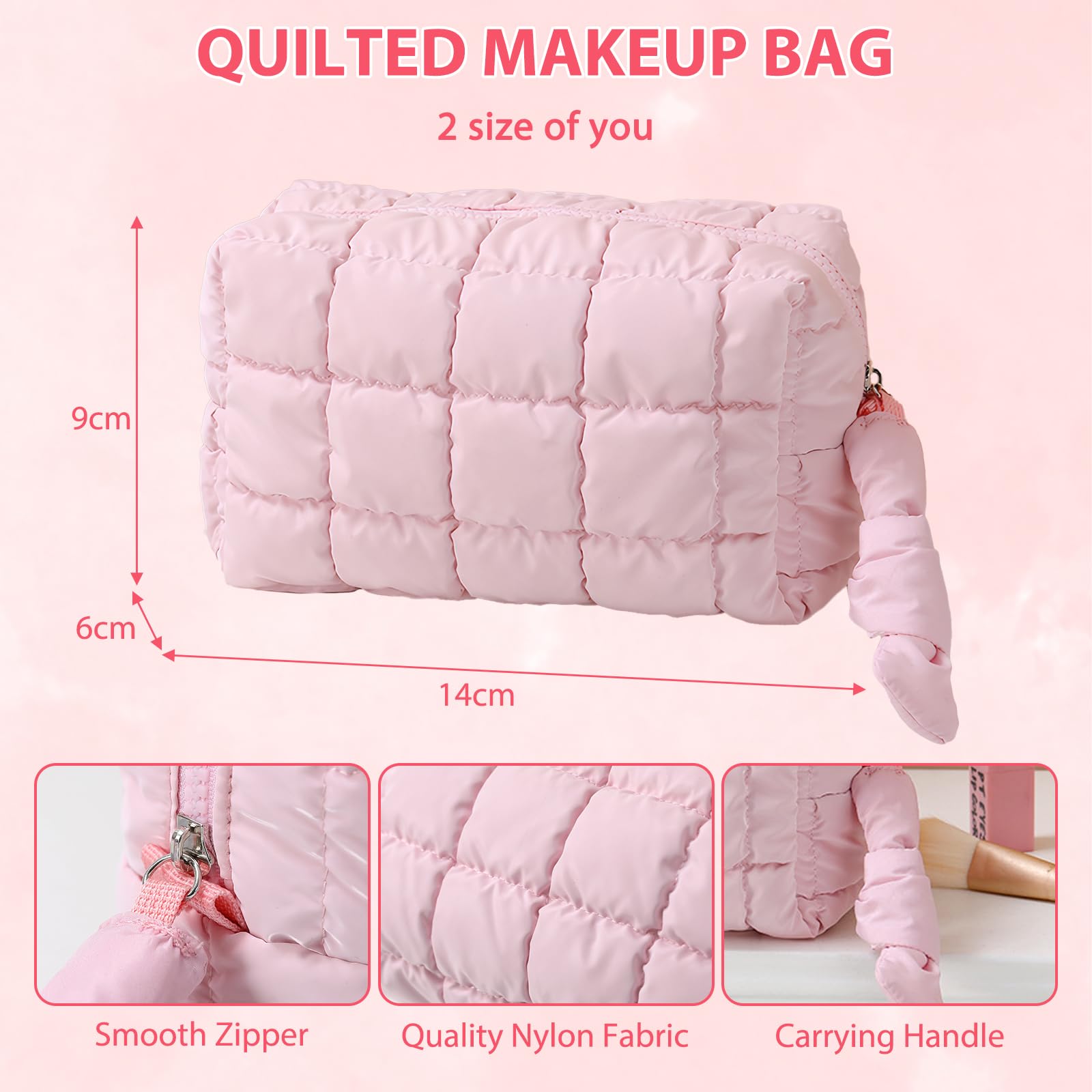 Quilted Pink Puffy Makeup Bag with Zipper - Cute Cosmetic Organizer for Travel & Purse | Waterproof Toiletry Pouch for Women | Perfect for Daily Use, Gym, Vacation & Gift Giving