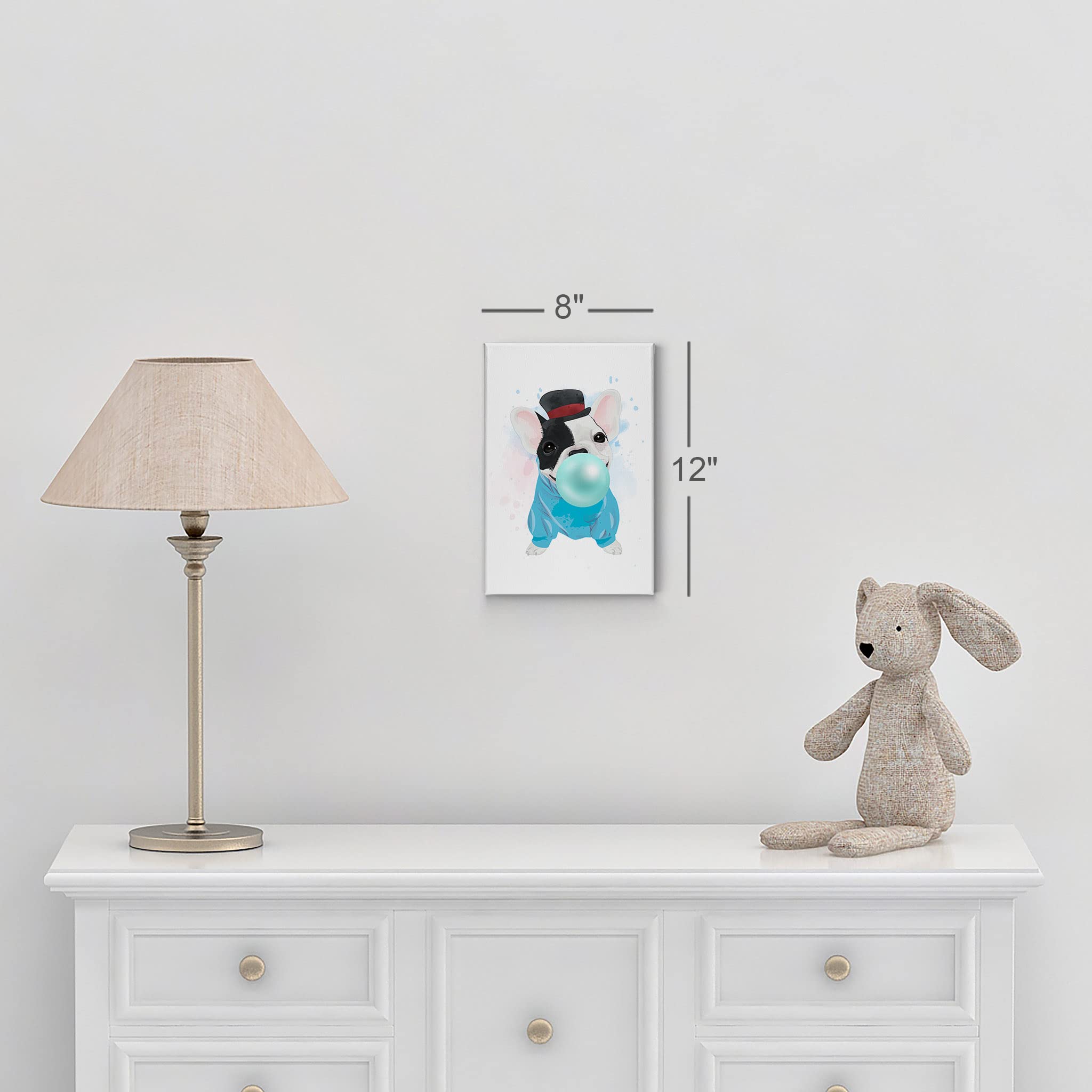French Bulldog Portrait Sweatshirt & Hat Chewing Teal Blue Bubble Gum - Pet Lover Canvas Wall Art Print 12x8 - Perfect for Dog Themed Living Room, Bedroom, Nursery & Kids Room Decor