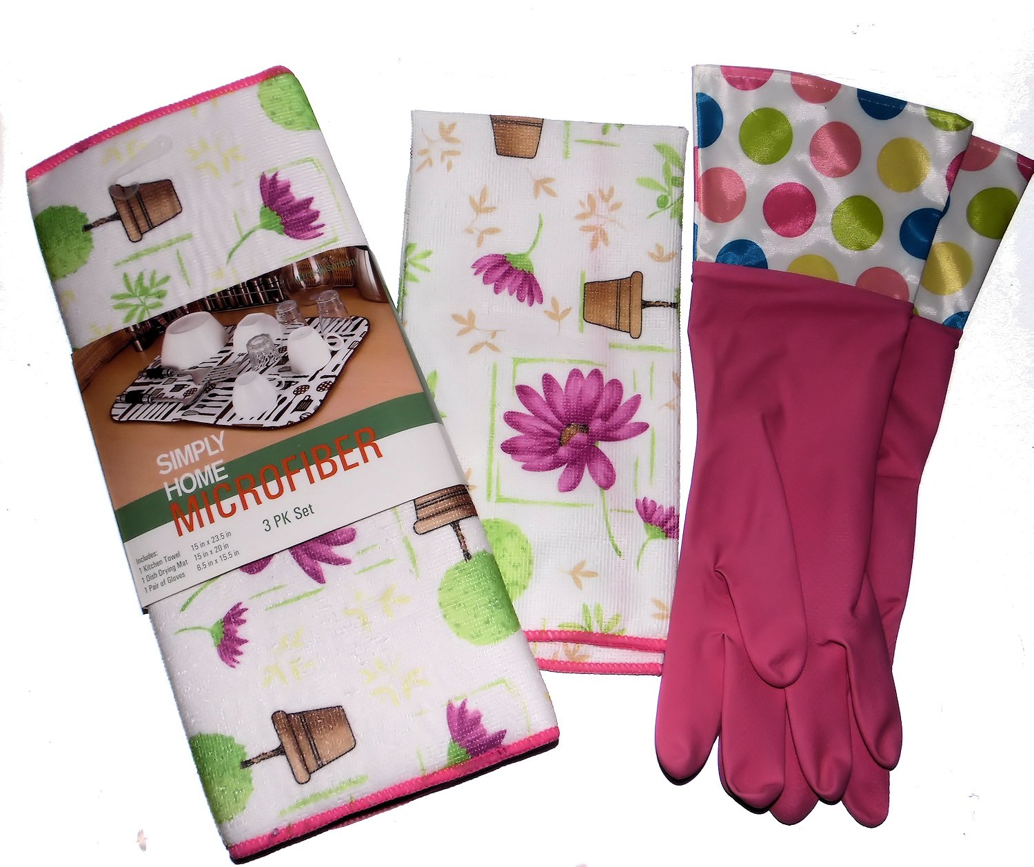 Simply Home 3-Piece Microfiber Kitchen Set - Pink Polka Dot Floral Drying Mat, Towel & Gloves | Dish Drying, Counter Protection & Hand Care | Perfect Housewarming Gift for Home Chefs