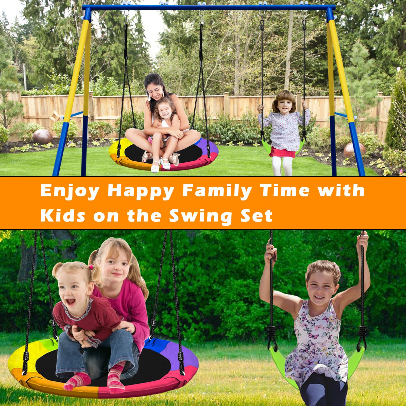 440lbs Heavy Duty 2-Seat Metal Swing Set for Backyard - Includes 1 Saucer Swing & 1 Belt Swing Seat with A-Frame Stand | Outdoor Playset for Kids | Perfect for Gardens, Parks & Backyard Fun