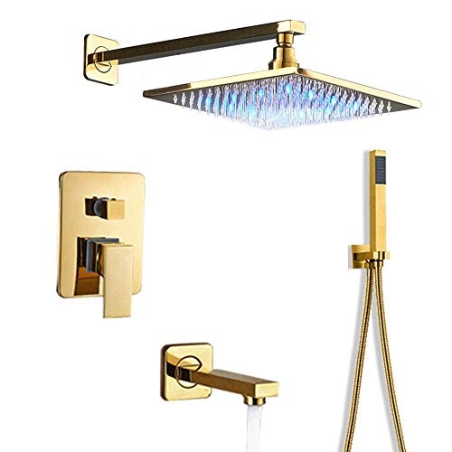 Wall Mounted LED Rain Mixer Shower Combo Set - Single Handle Bathroom Faucet with 10 Inch Rainfall Shower Head & Handheld Sprayer + Tub Spout - Perfect for Modern Bathroom Renovation & Spa-Like Showering Experience