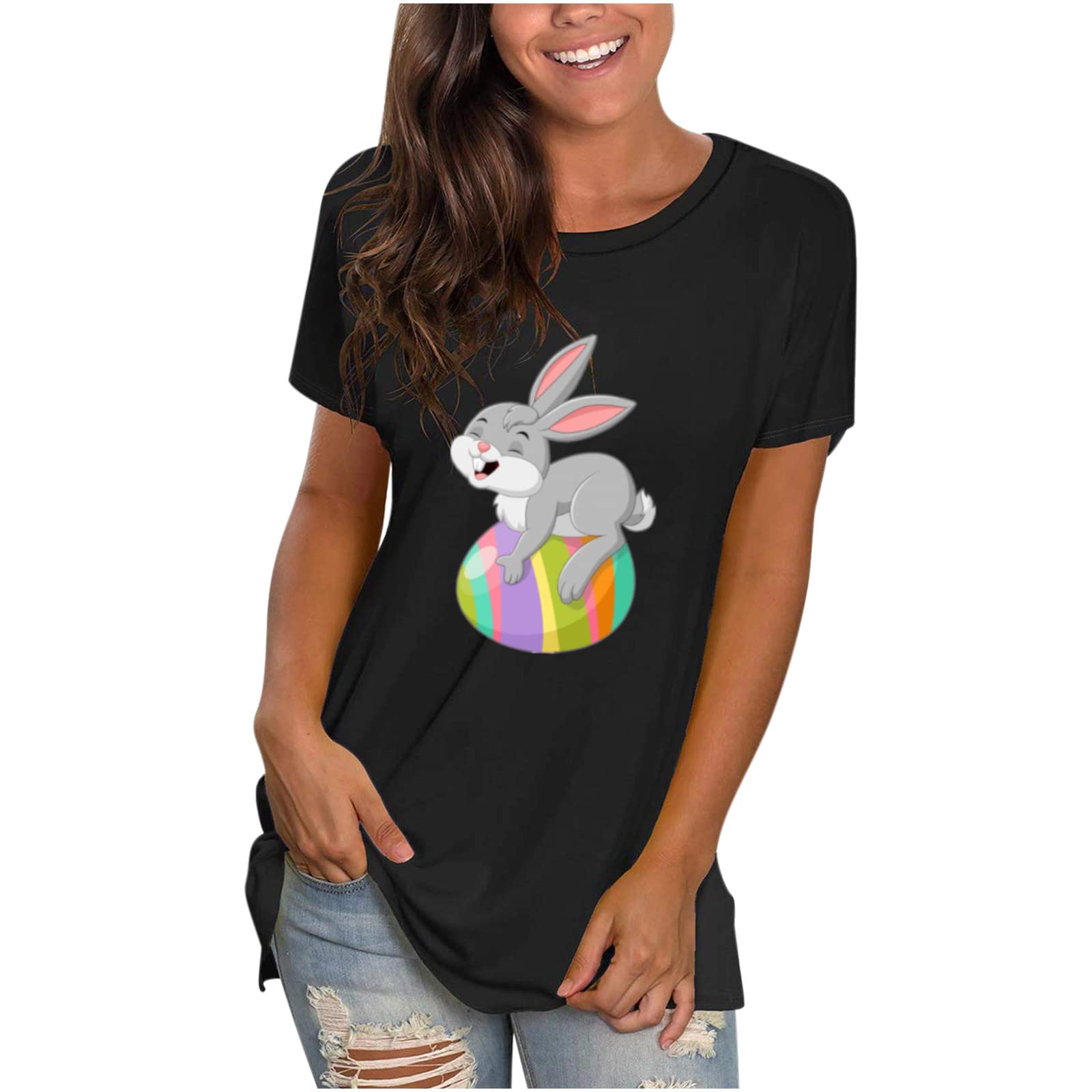 Naittoop Women's Fashion Short Sleeve T-Shirt - Cute Rabbit & Easter Egg Print Round Neck Pullover Top for Casual Wear | Spring Outfits, Easter Party, Daily Comfort