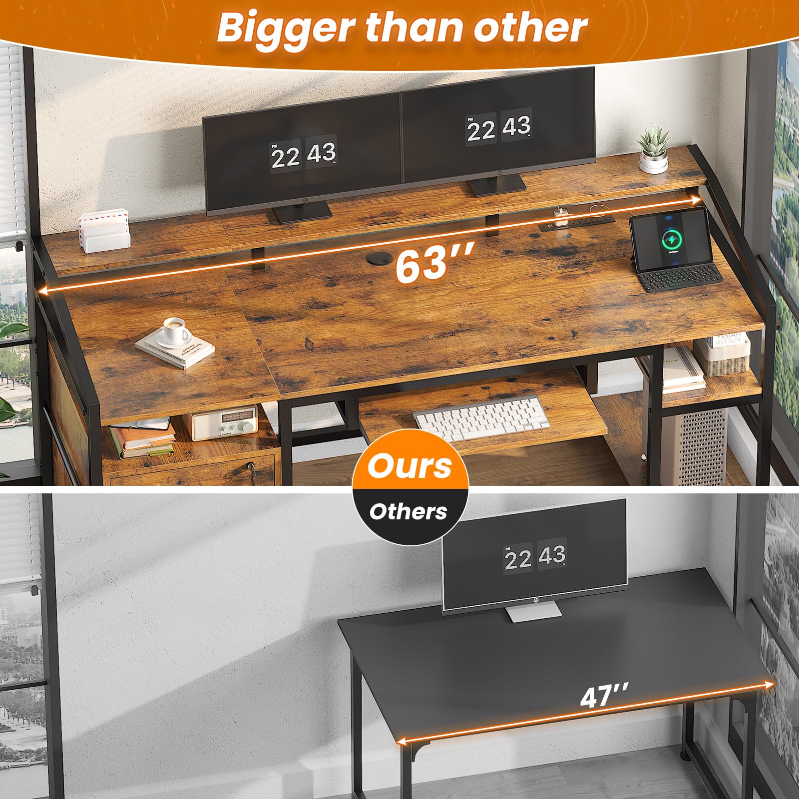 SEDETA 63 Inch Rustic Brown Computer Desk with LED Lights & Power Outlet - Home Office Desk with Lockable File Drawers for Legal/Letter Size, Gaming Desk for PC Setup - Perfect for Small Spaces, Work from Home & Gaming Stations