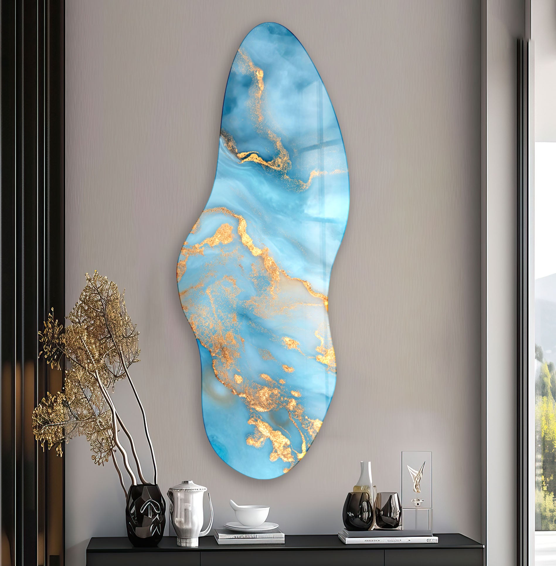 Blue Marbled Asymmetrical Glass Wall Art - Handcrafted Modern Home Decor for Living Room, Bedroom & Office - Unique Abstract Hanging Art Piece for Contemporary Interior Design