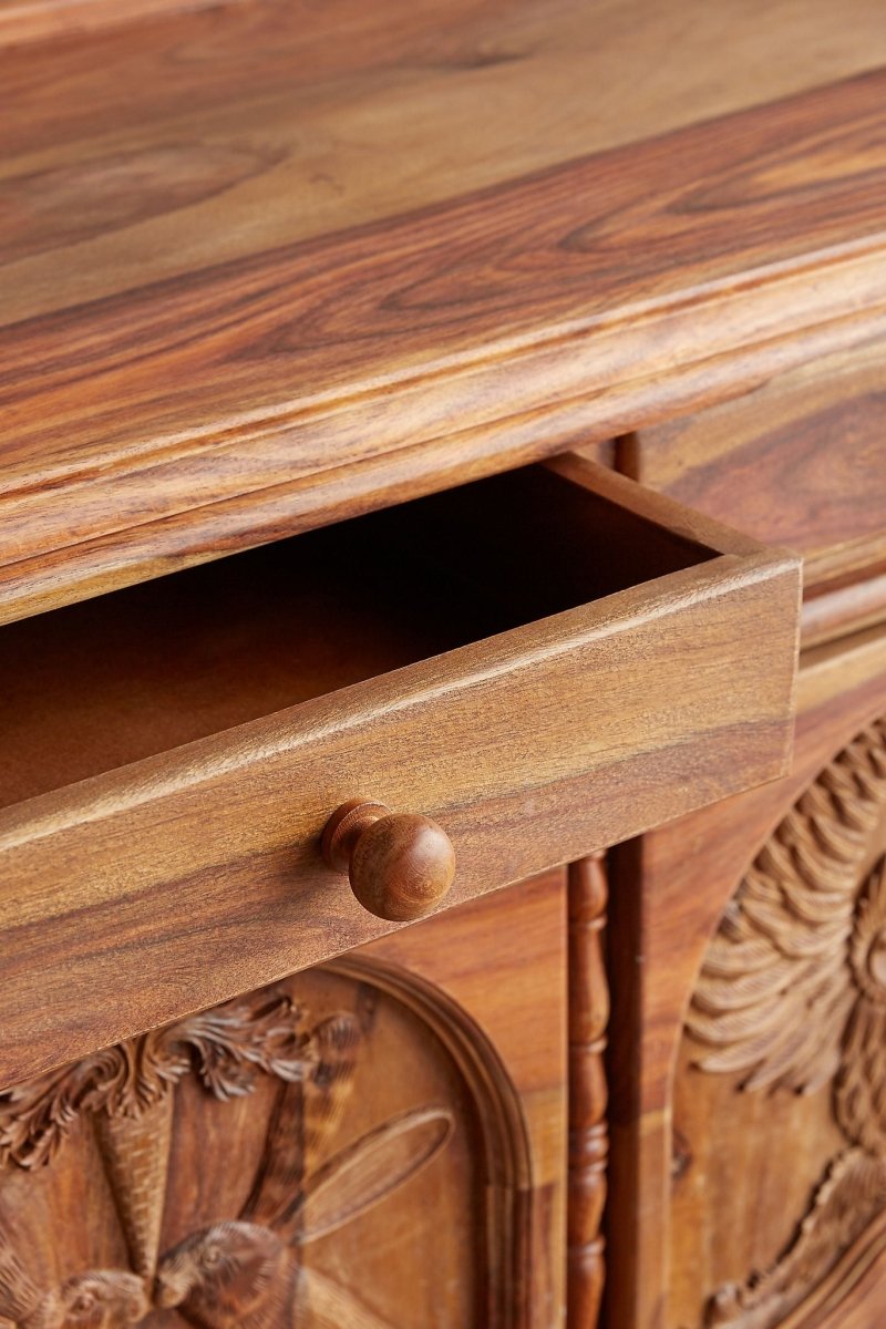 Hand Carved Wooden Sideboard with Wildlife Design | Natural Finish Buffet Table for Dining Room & Living Room Decor | Perfect for Rustic & Farmhouse Style Homes
