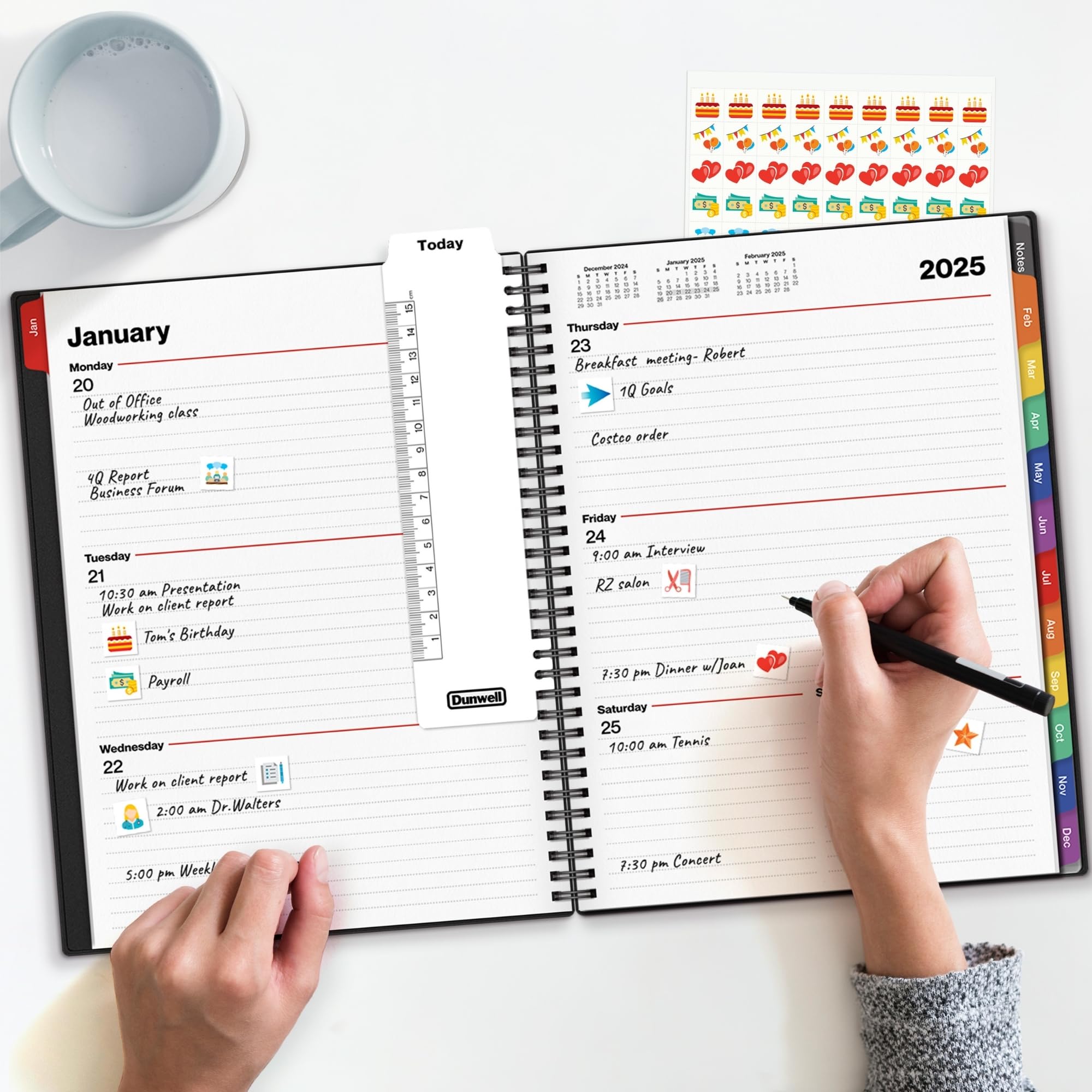 **Dunwell 2025 Planner - 8.5x11 Large Daily & Weekly Scheduler with Laminated Monthly Tabs, Plastic Covers, Bookmark & Stickers - Perfect for Work, School & Personal Organization**