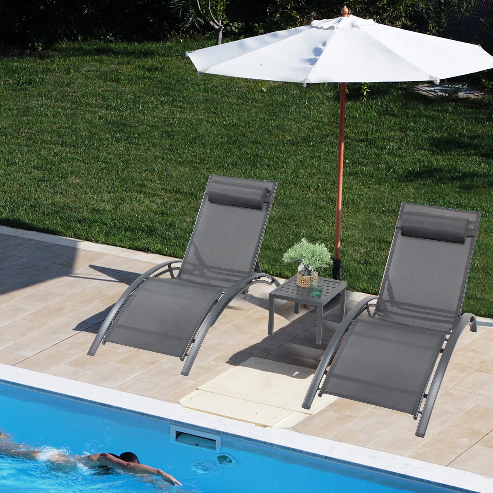 3-Piece Patio Chaise Lounge Chair Set - Aluminum Outdoor Recliner with Adjustable Headrest, Sunbathing & Poolside Tanning Chairs, Armrest Recliner with Side Table - Perfect for Beach, Garden, Lawn & Backyard Relaxation (Grey)