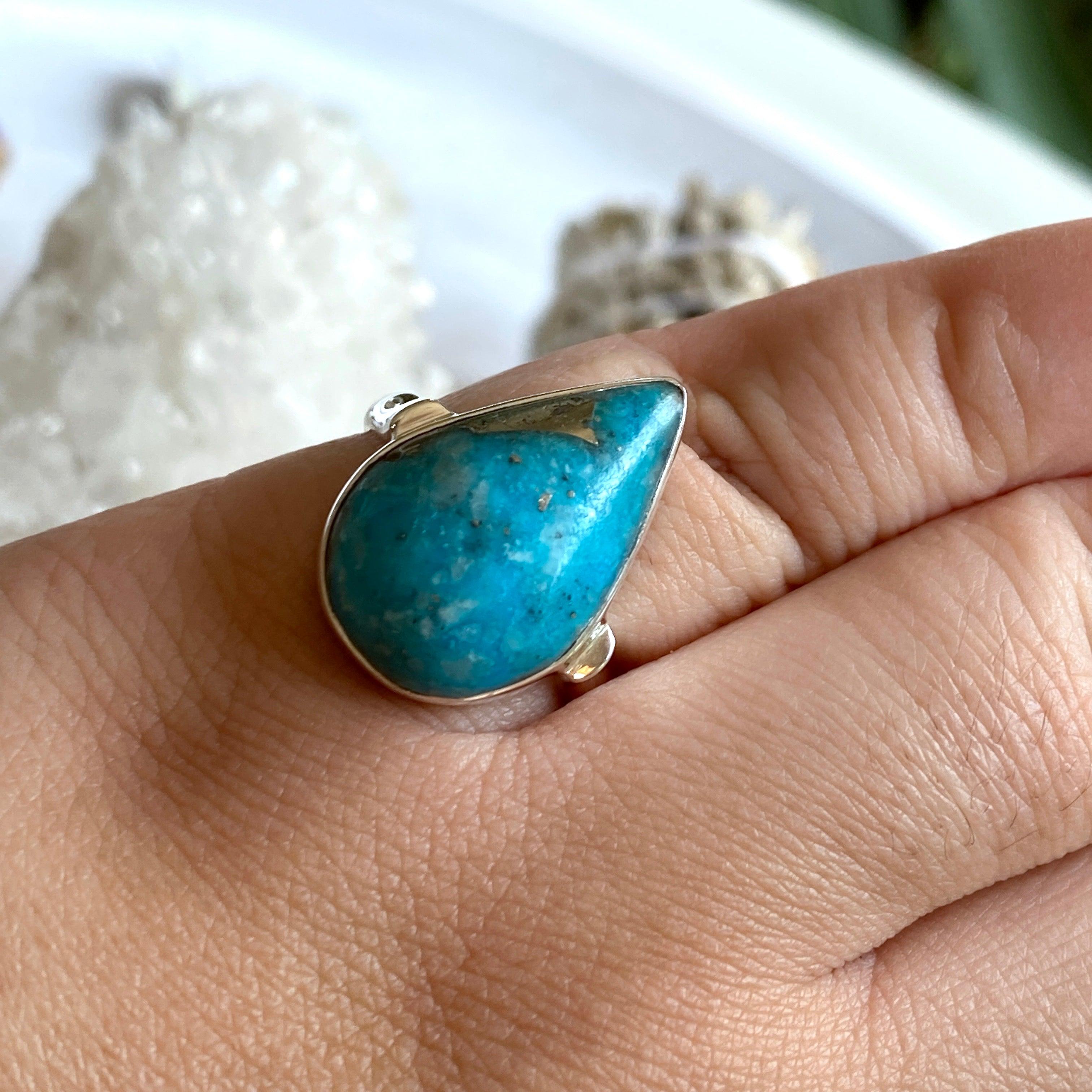 Persian Turquoise with Pyrite Teardrop Ring - Size 9 - KRGJ2522 - Elegant Boho Jewelry for Women, Perfect for Weddings, Parties & Everyday Wear