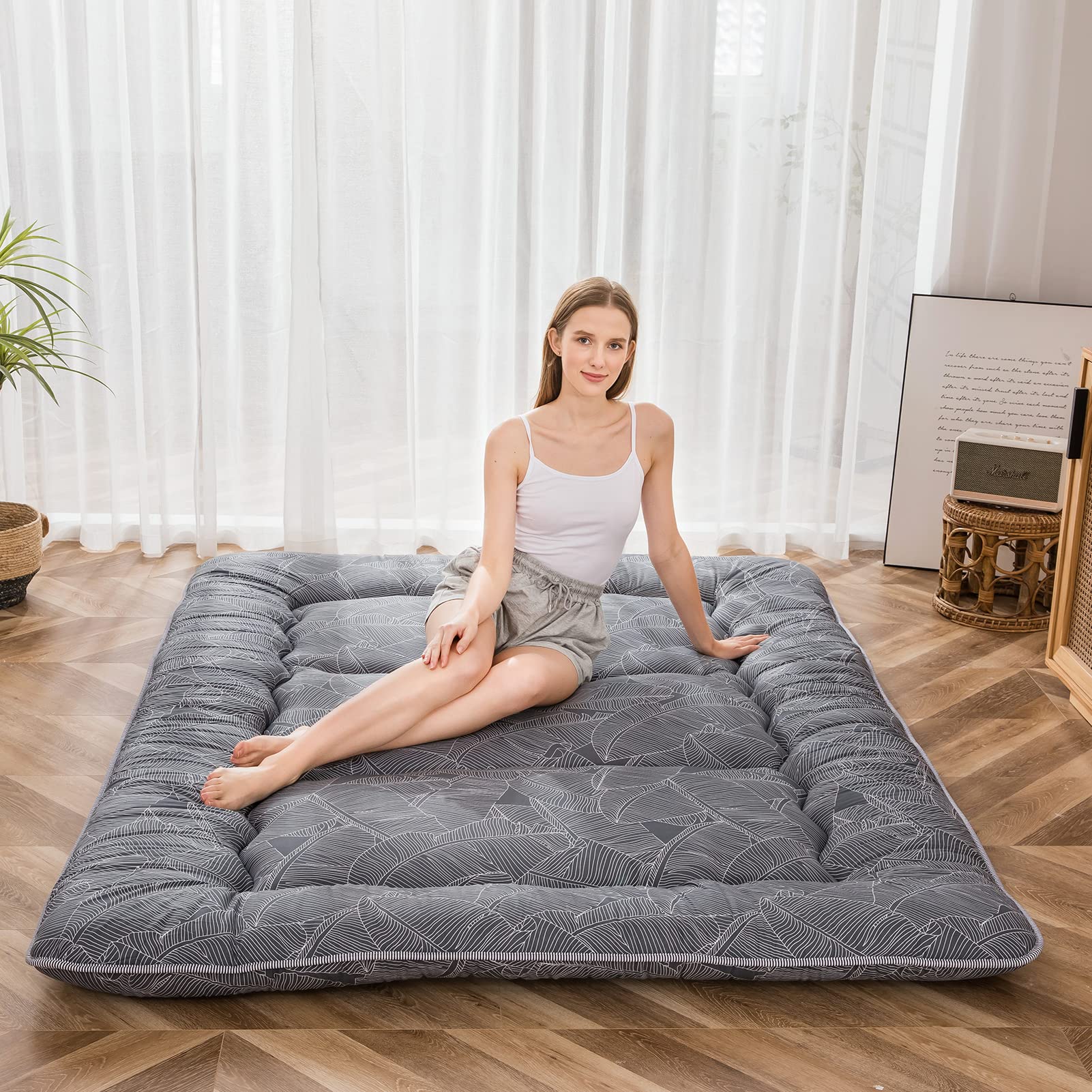 Japanese Thick Soft Floor Futon Mattress - Roll Up Sleeping Pad for Guest Room, Camping & Lounging - Twin Size Black Leaf Design - Comfortable for Home, Travel & Outdoor Use