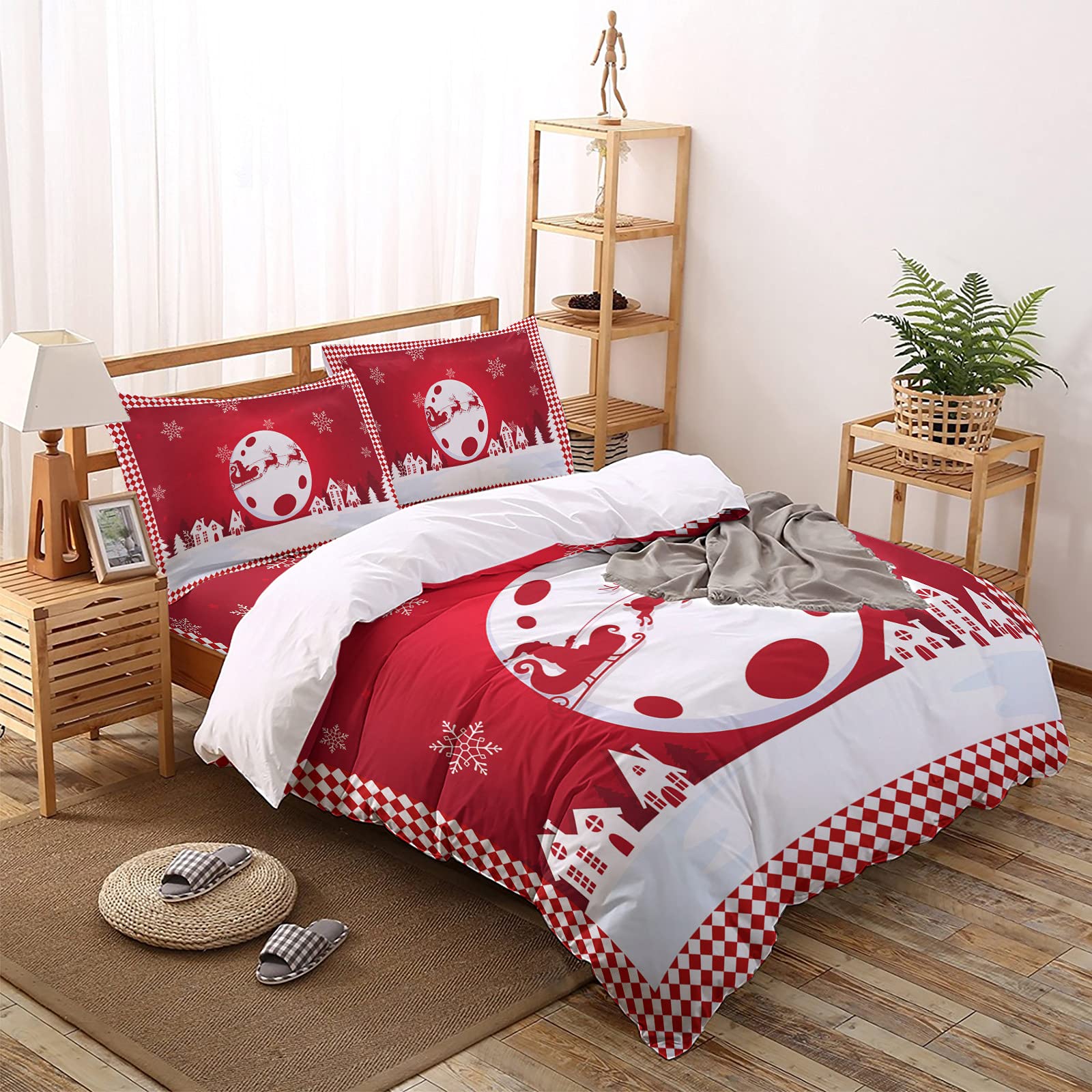 Twin Size 4-Piece Christmas Snowflake Elk & Santa Claus Red Duvet Cover Set - Soft Comforter Cover with Sheet & Pillowcases for Kids, Teens, Adults - Perfect for Holiday Bedroom Decor & Cozy Winter Nights