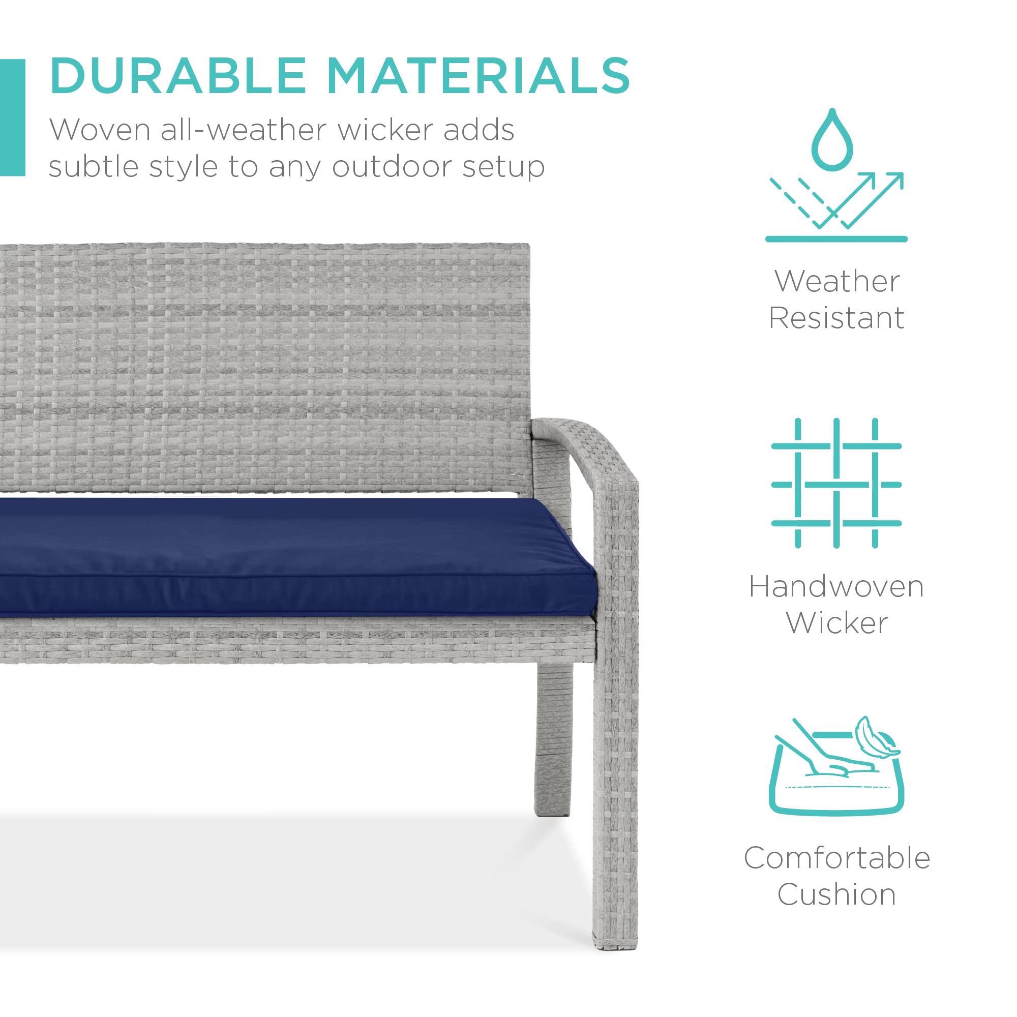 Best Choice Products 2-Person Outdoor Wicker Bench with Cushion - 700lb Capacity, Gray/Navy - Patio Furniture for Garden, Backyard, Porch & Deck Seating - Perfect for Relaxing, Entertaining & Outdoor Gatherings