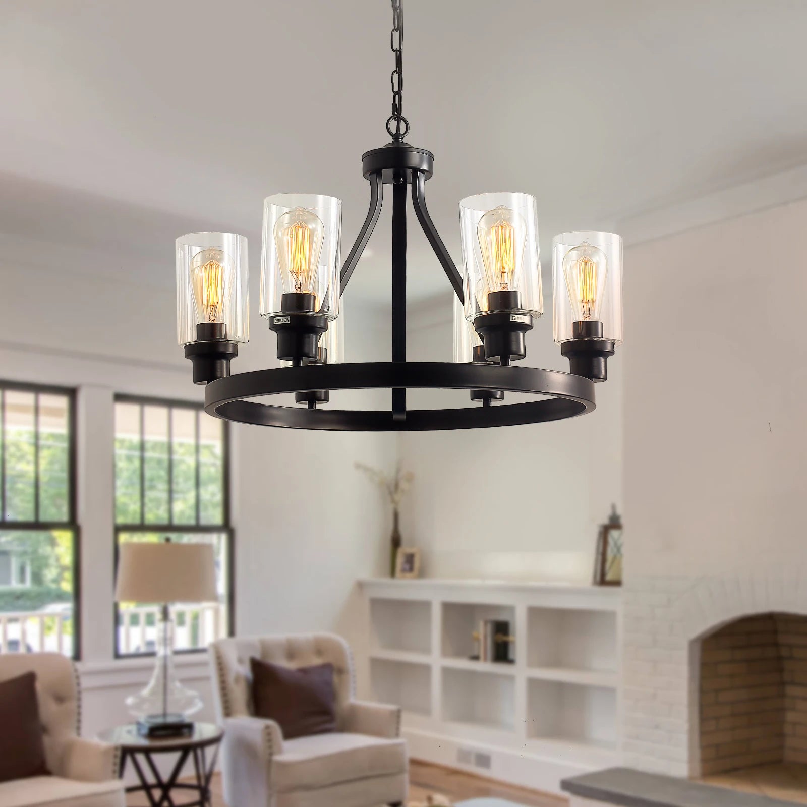 Jeshi 6-Light Black Iron Wagon Wheel Chandelier - Rustic Farmhouse Ceiling Light Fixture for Dining Room, Kitchen, or Living Room Decor