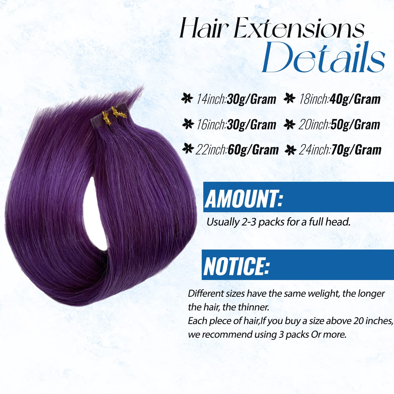 20 Pieces Purple Invisible Tape in Hair Extensions - 16 Inch 30g Human Hair for Styling & Volume | Perfect for Parties, Weddings & Daily Wear