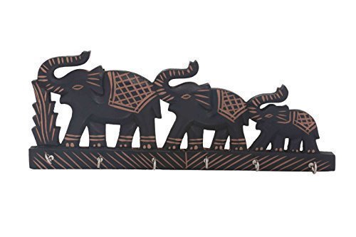 Triple Elephant Design Wooden Wall Mounted Key Holder - Decorative Key Hangers & Wall Decor for Home Entryway (Black) | Perfect for Organizing Keys in Hallway, Foyer or Bedroom
