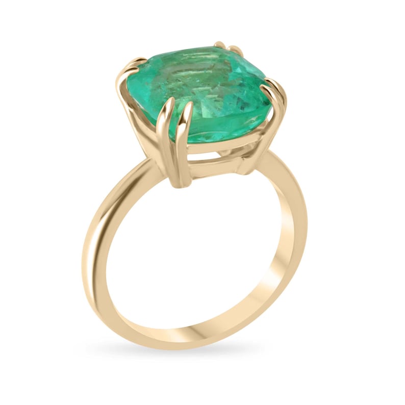 7.14ct 14K Gold Colombian Emerald Solitaire Ring - Cushion Cut Double Prong Setting for Anniversary, Engagement & Special Occasions