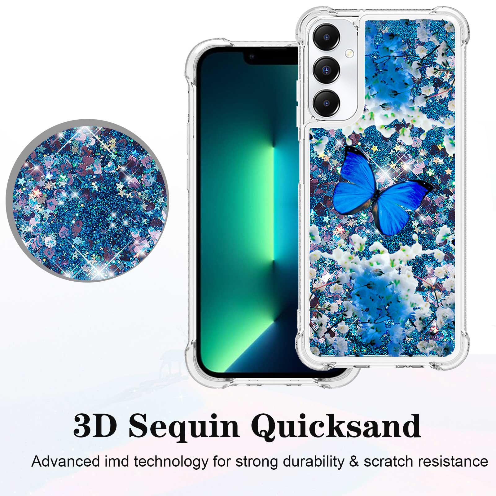Cute Glitter Bling Liquid Shockproof Soft TPU Slim Silicone Phone Case for Samsung Galaxy A05S with Screen Protector - Blue Butterfly Design | Protective Cover for Women & Girls | Perfect for Everyday Use, Work, and Travel