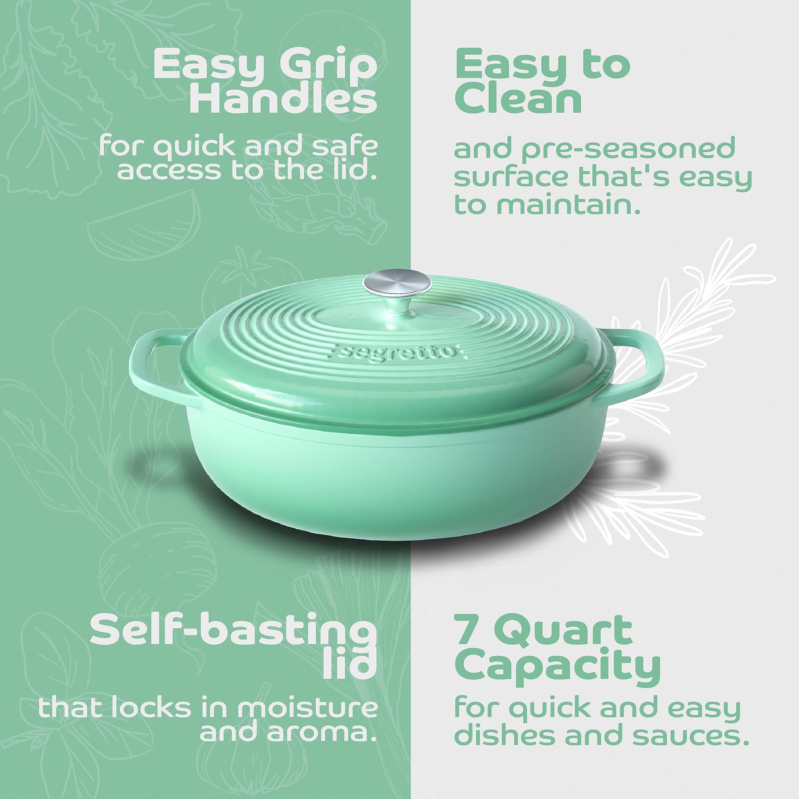 7-Quart Enameled Cast Iron Dutch Oven with Lid - Light Green Oval Pot for Bread Baking, Soups, Stews & Braising - Perfect for Oven, Stovetop & Camping Cooking