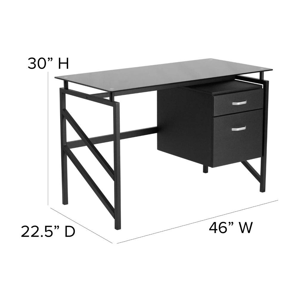 Flash Furniture Singleton Glass Desk with Two Drawer Pedestal - Black Modern Office Desk for Home & Office Workspace - Perfect for Small Spaces & Contemporary Decor