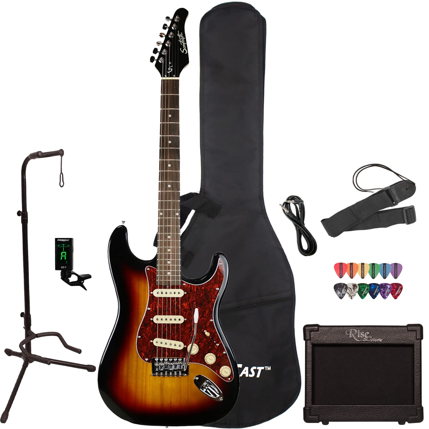 Sawtooth Sunburst Electric Guitar with Tortoise Pickguard - Full Starter Kit with Amp, Gig Bag & Online Lessons | Perfect for Beginners, Live Performances & Home Practice