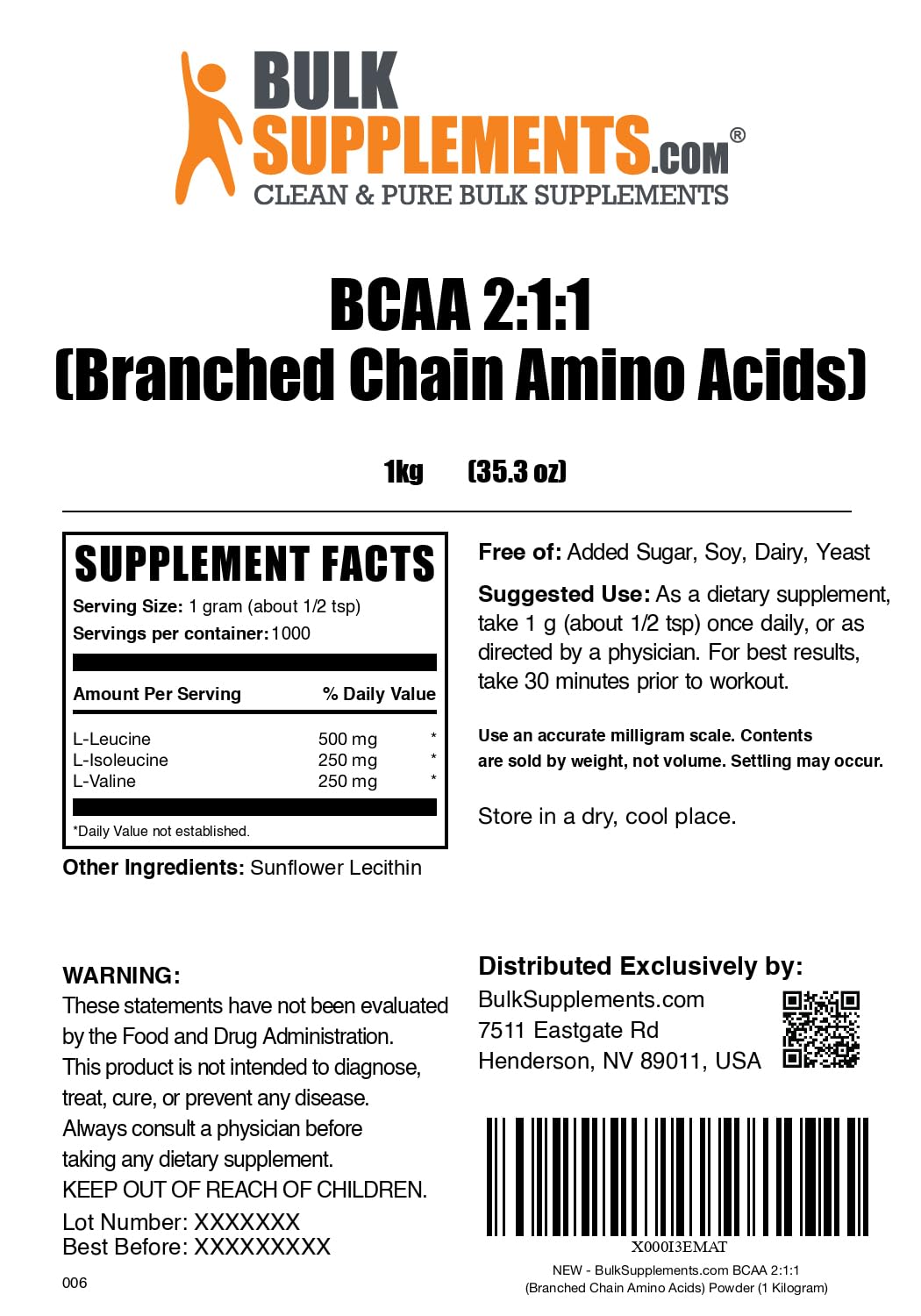 BulkSupplements.com BCAA 2:1:1 Powder - Unflavored Branched Chain Amino Acid Supplement for Muscle Recovery & Growth, Gluten Free, 1g per Serving, 1kg (2.2 lbs) - Ideal for Workout, Fitness & Bodybuilding