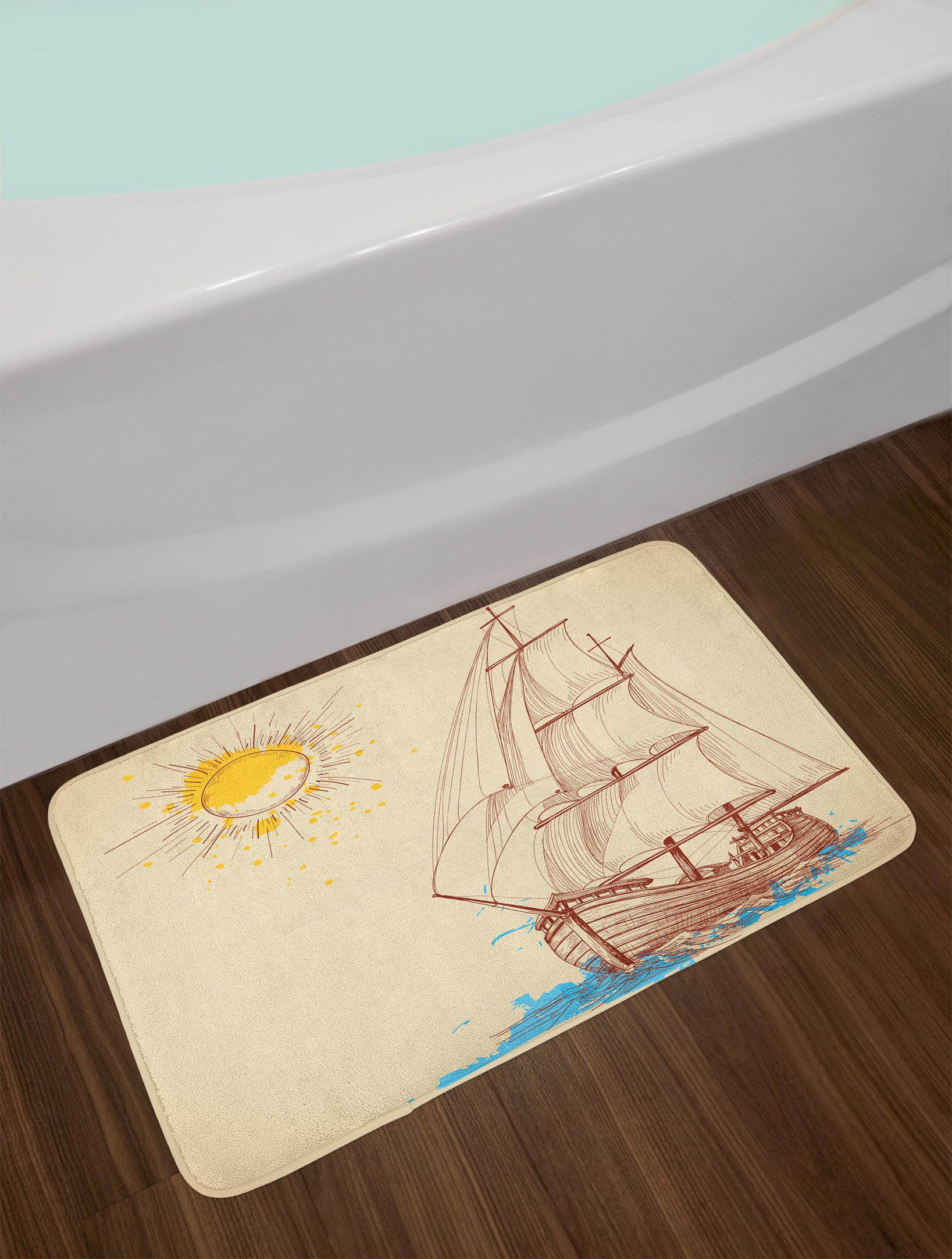 Ambesonne Non-Slip Nautical Bath Mat - Windy Sea Sailing Boat & Sun Cruising Galleon Marine Pattern - Plush Bathroom Decor Rug 30