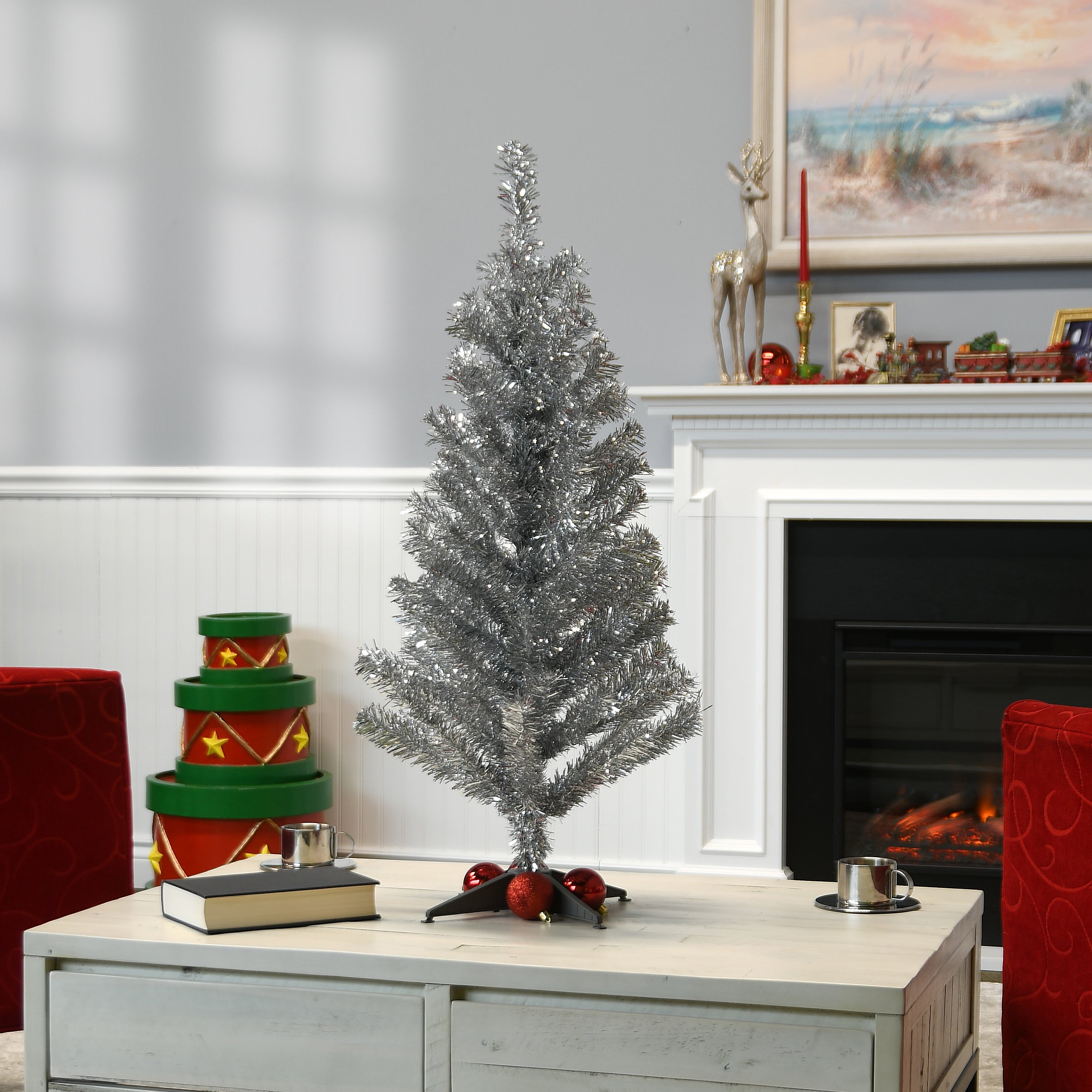 3 ft. Silver Tinsel Christmas Tree Decorations - Sparkling Holiday Garland for Xmas Tree, Party & Home Decor