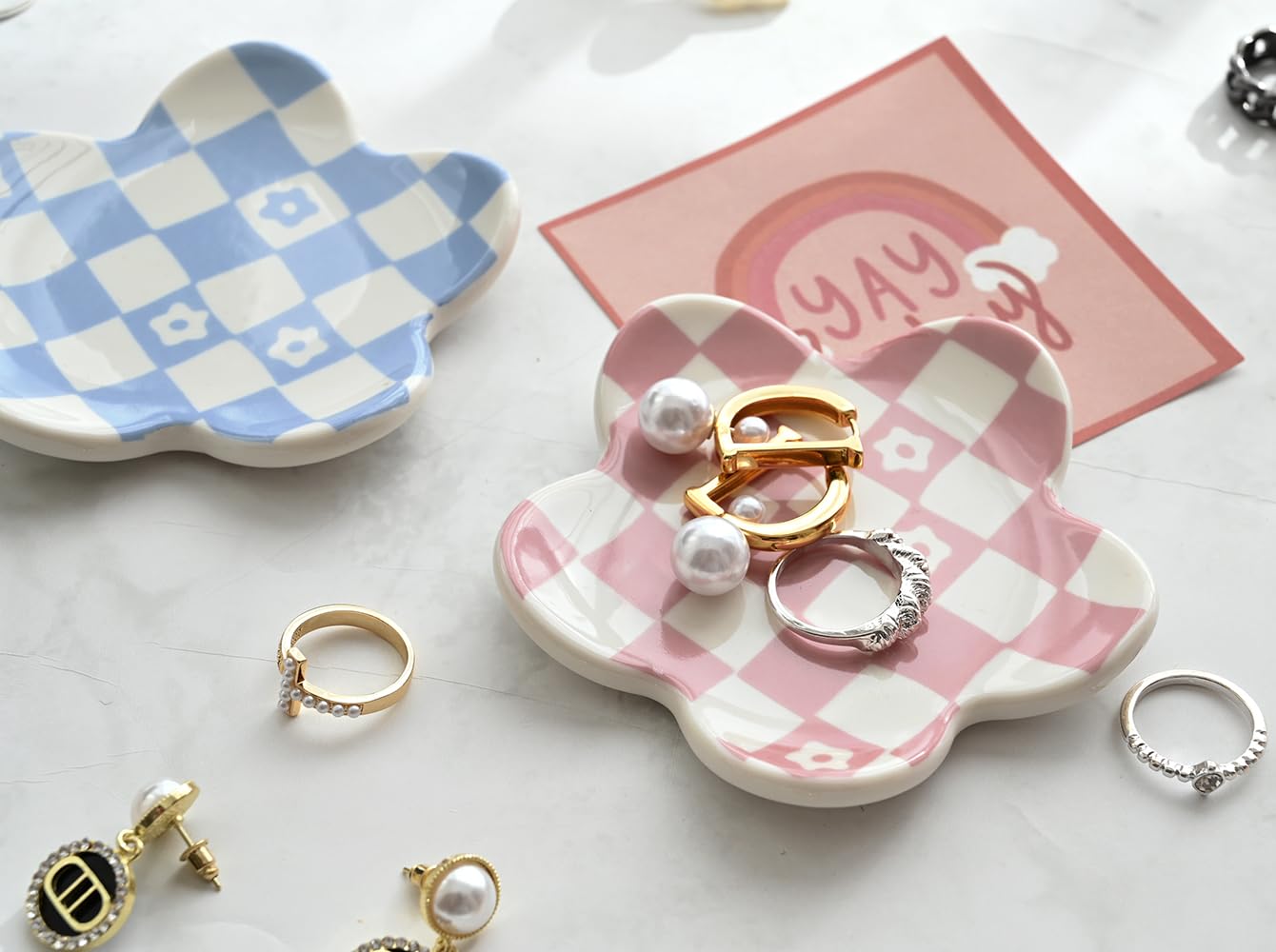 Trendy Pink Aesthetic Room Decor for Teen Girls - Checkered Jewelry Tray, Bedroom Decor Gift Set for Birthday & Dorm Room Organization | Perfect for Vanity, Dresser & Nightstand Display