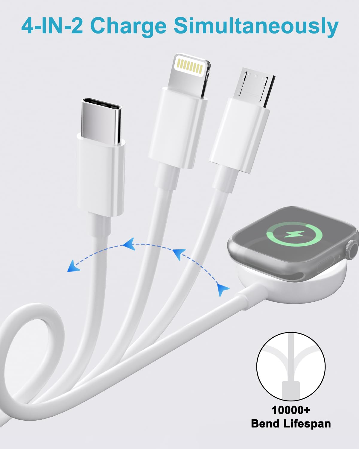 Apple Watch Charger 4-in-2 Fast Charging Cable - USB C & Lightning Compatible with Apple Watch Series 9/8/7/6/5/4/3/Ultra & iPhone 15/14 - Perfect for Travel, Office and Home Charging