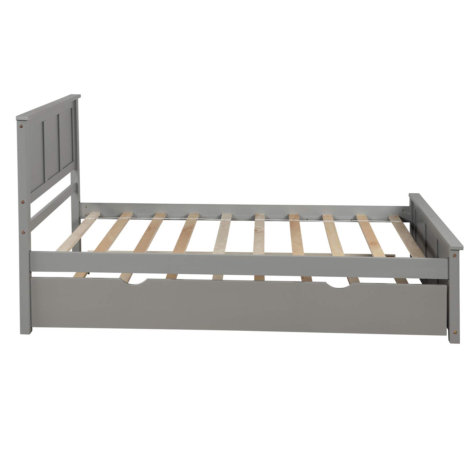 Twin Platform Bed Frame with Trundle - Solid Wood Bed with Headboard, No Box Spring Required, Easy Assembly, Gray - Perfect for Guest Rooms, Kids Rooms & Small Spaces