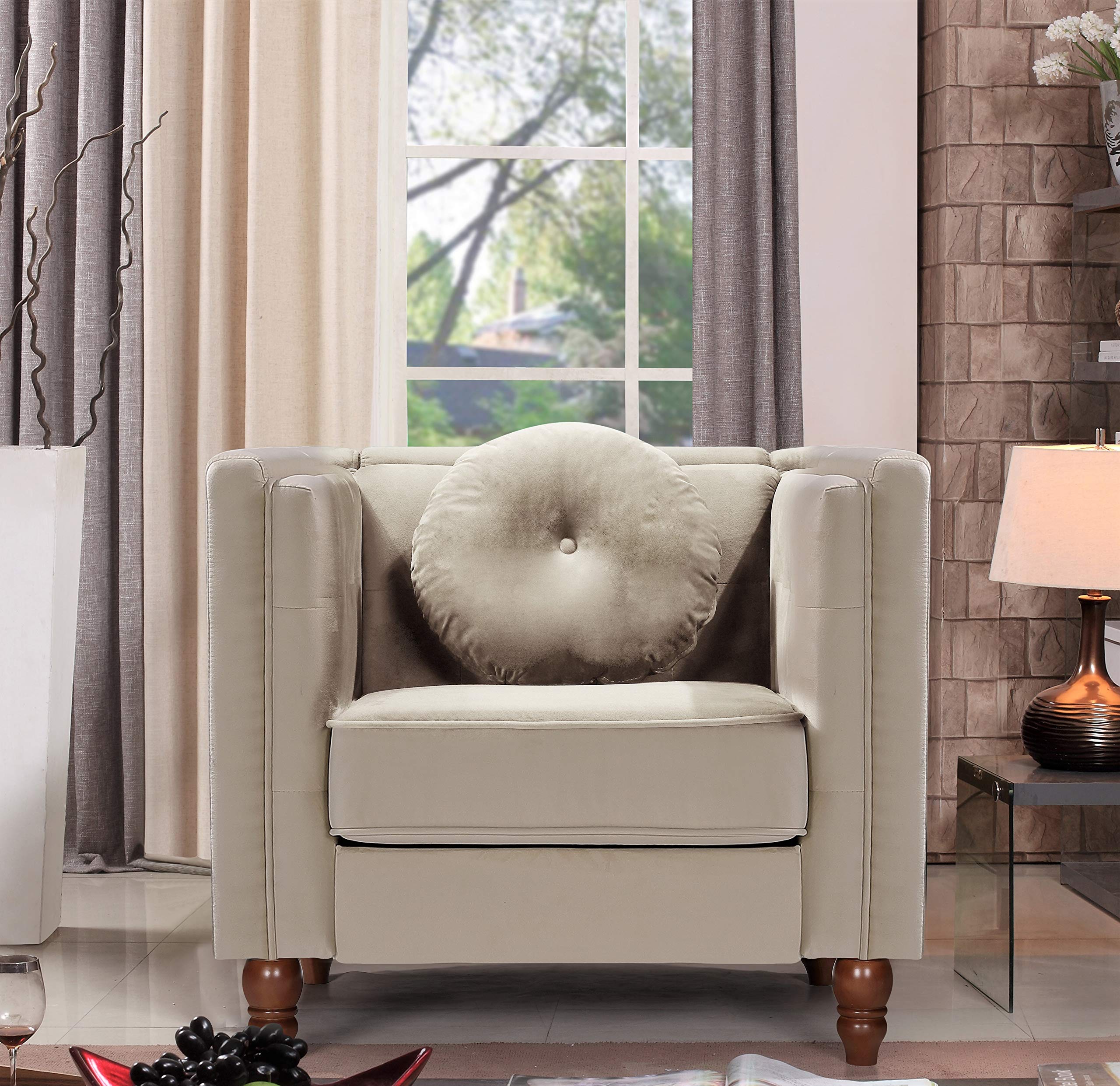 Lexie Velvet Upholstered Mid Century Modern Accent Chair - Cozy Reading Armchair for Bedroom, Living Room, Nursery & Home Office - Soft Ivory Fabric - Perfect for Relaxing, Reading & Decorating Small Spaces