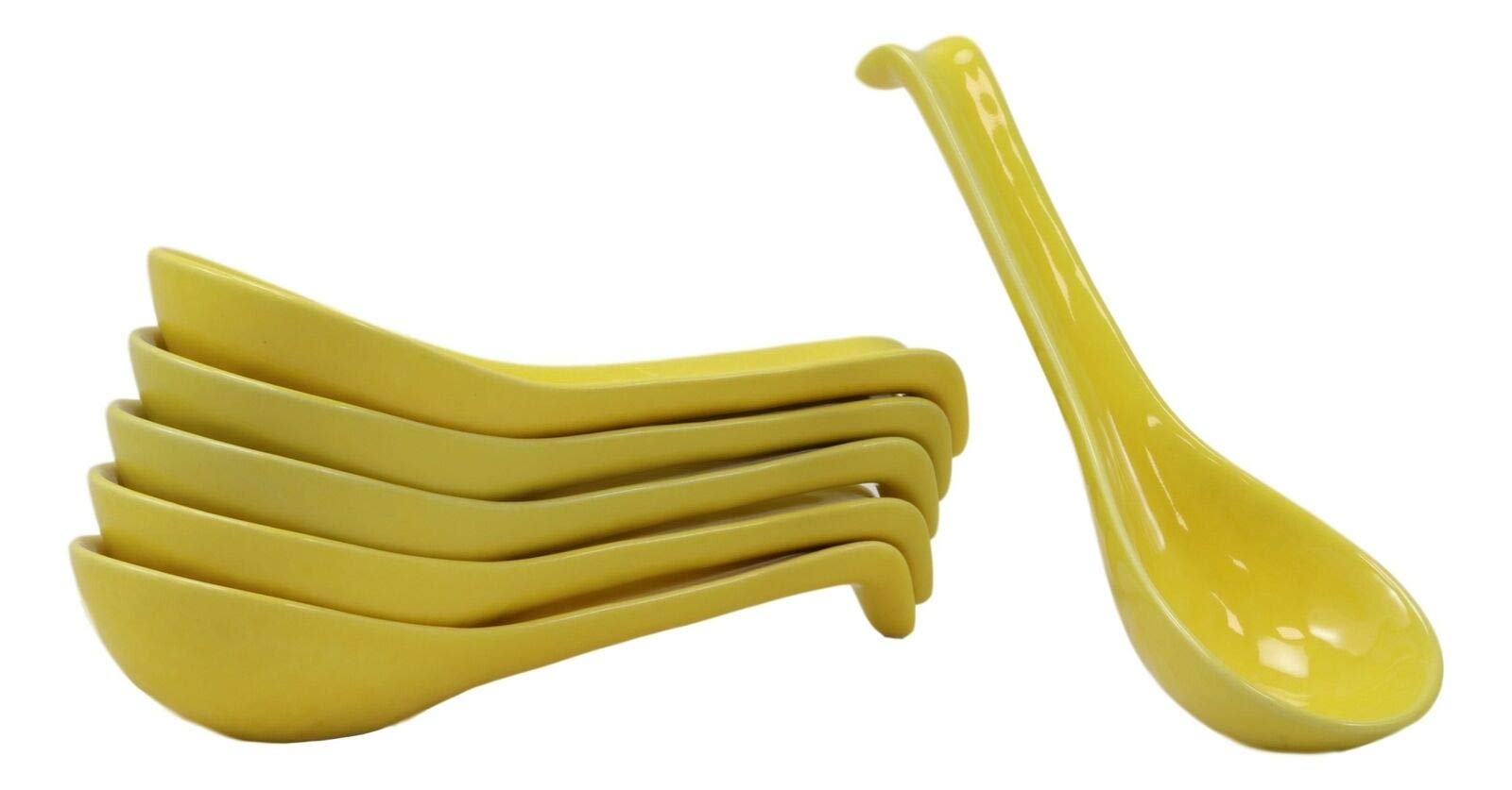 Premium Japanese Glossy Yellow Porcelain Soup Spoons with Hook - 6 Piece Ceramic Spoon Set for Asian Cuisine, Ramen & Home Dining