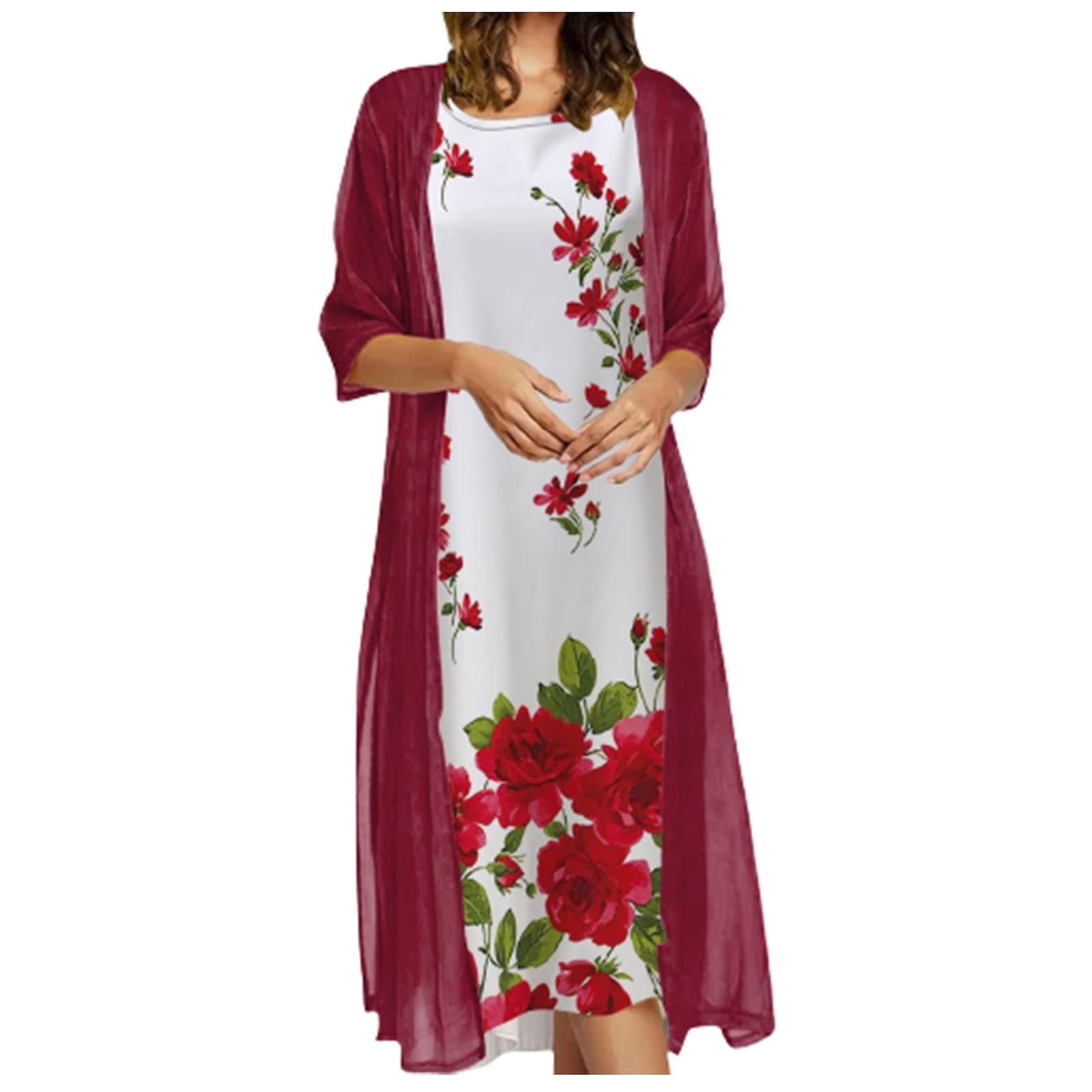 Women's Plus Size Floral Maxi Dress 2-Piece Set - Casual Mid Sleeve Long Sundress for Wedding Guest, Beach & Summer Outfits 2022