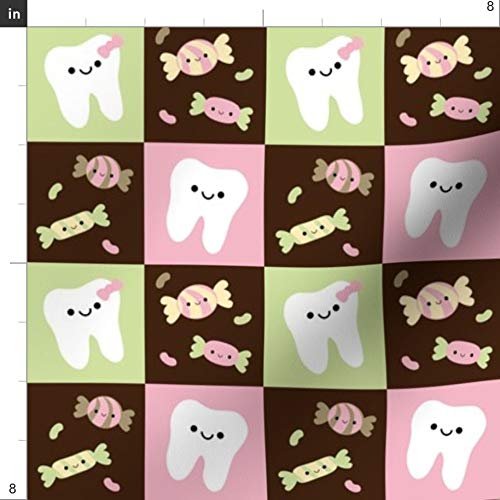 Happy Teeth Checkerboard Cotton Fabric - Brown Pink Light Green Dental Print for Sewing, Quilting & DIY Crafts | Tooth Fairy Design on Petal Signature Cotton | Perfect for Apparel, Home Decor & Gift Wrapping